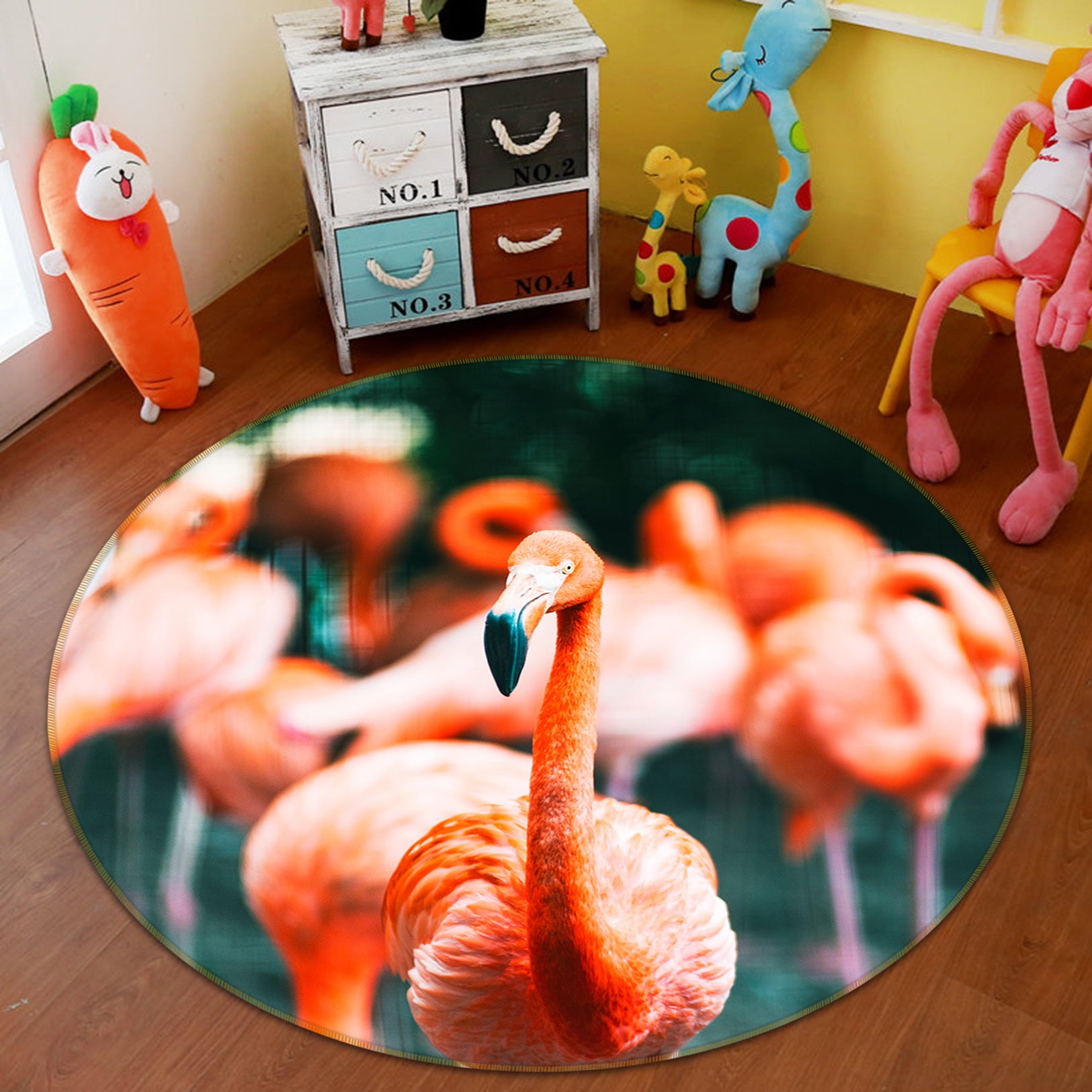 3D Red Flamingo Group 82224 Animal Round Non Slip Rug Mat