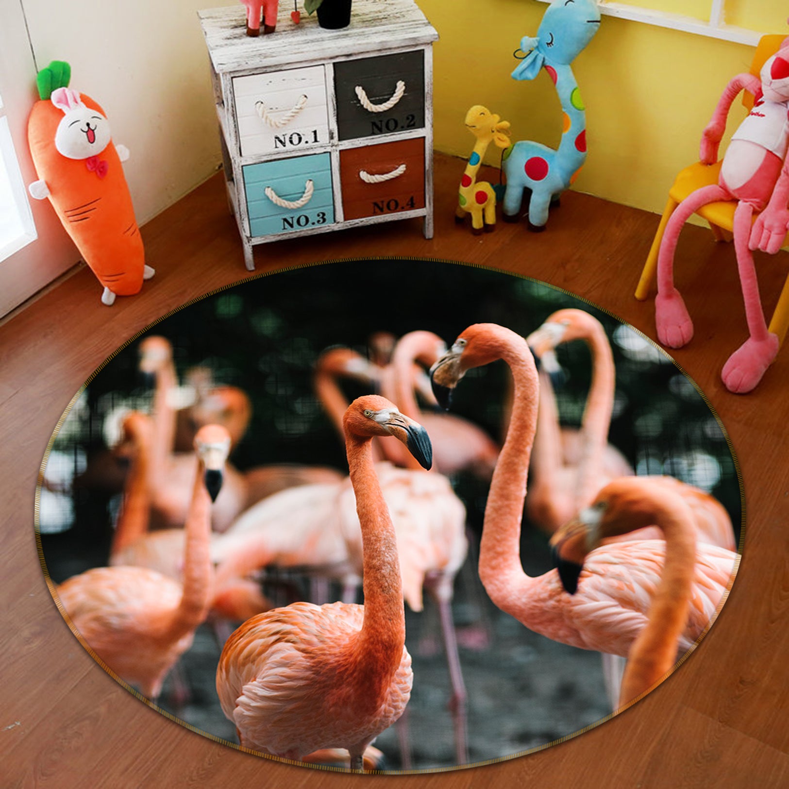 3D Red Flamingo Group 82225 Animal Round Non Slip Rug Mat