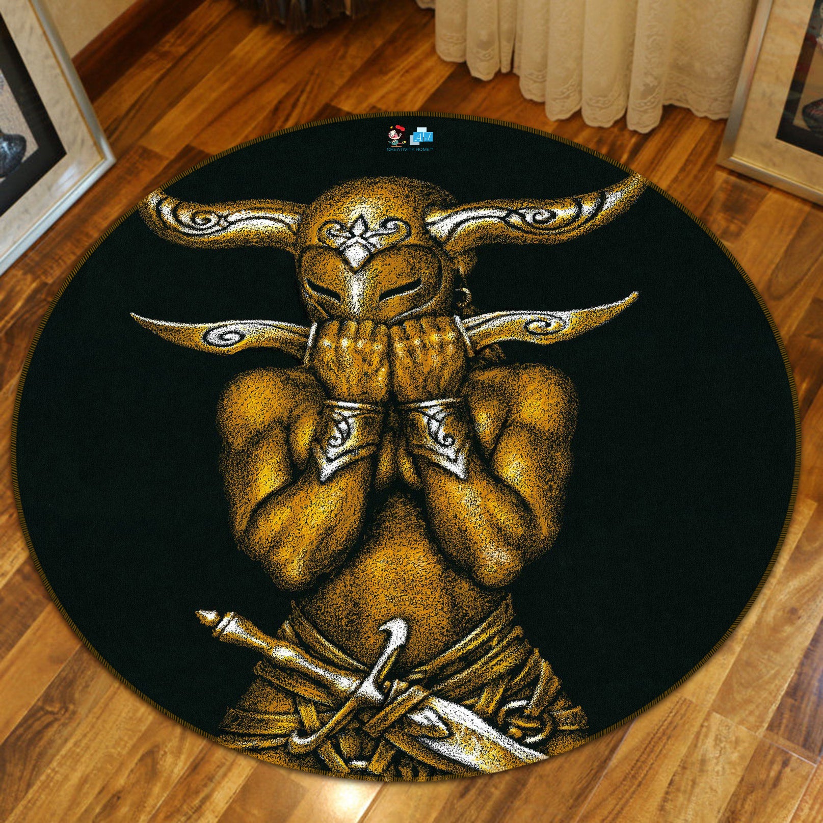 3D Metallic Horn Mask Man 6108 Ciruelo Rug Round Non Slip Rug Mat