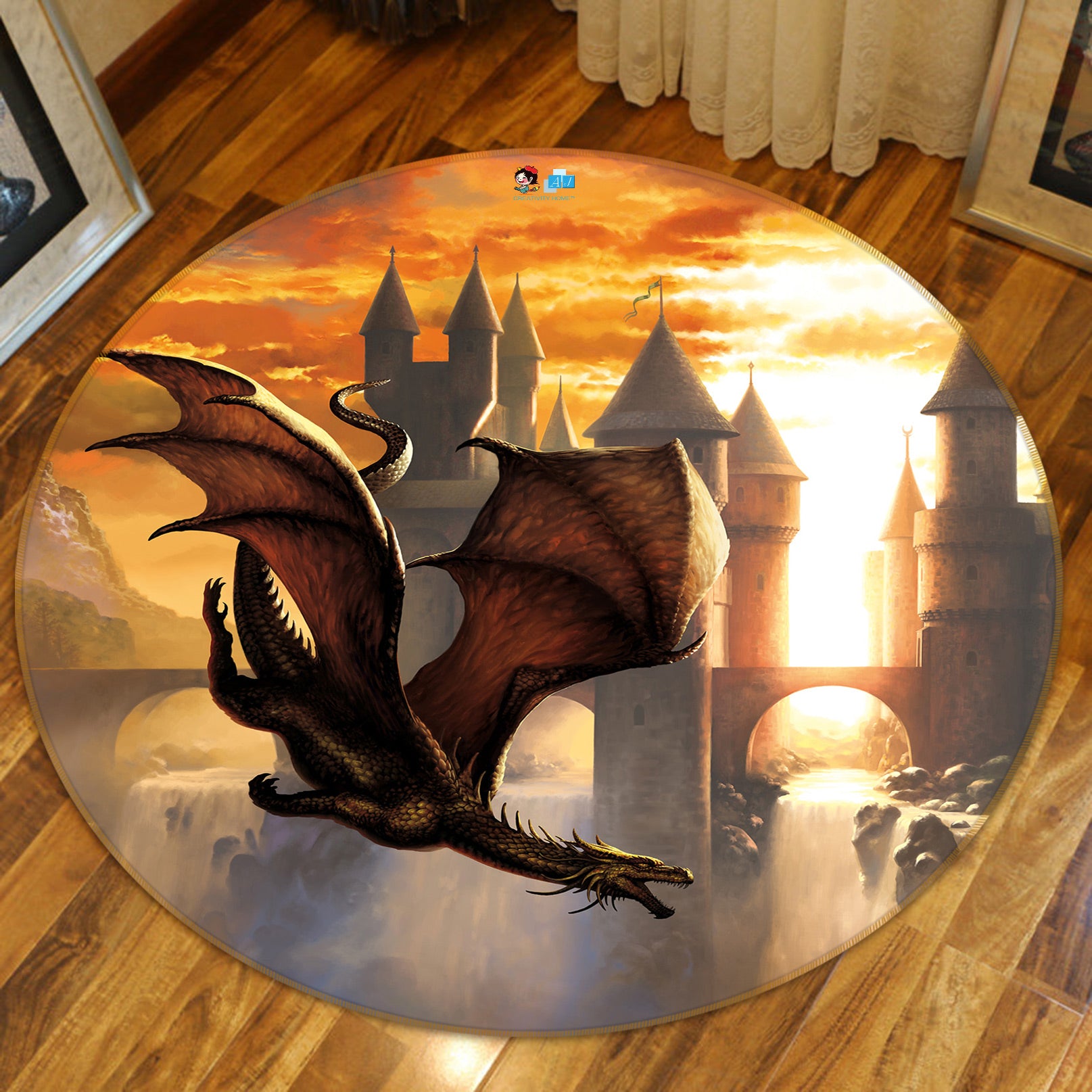 3D Sunshine Castle Dragon 6101 Ciruelo Rug Round Non Slip Rug Mat