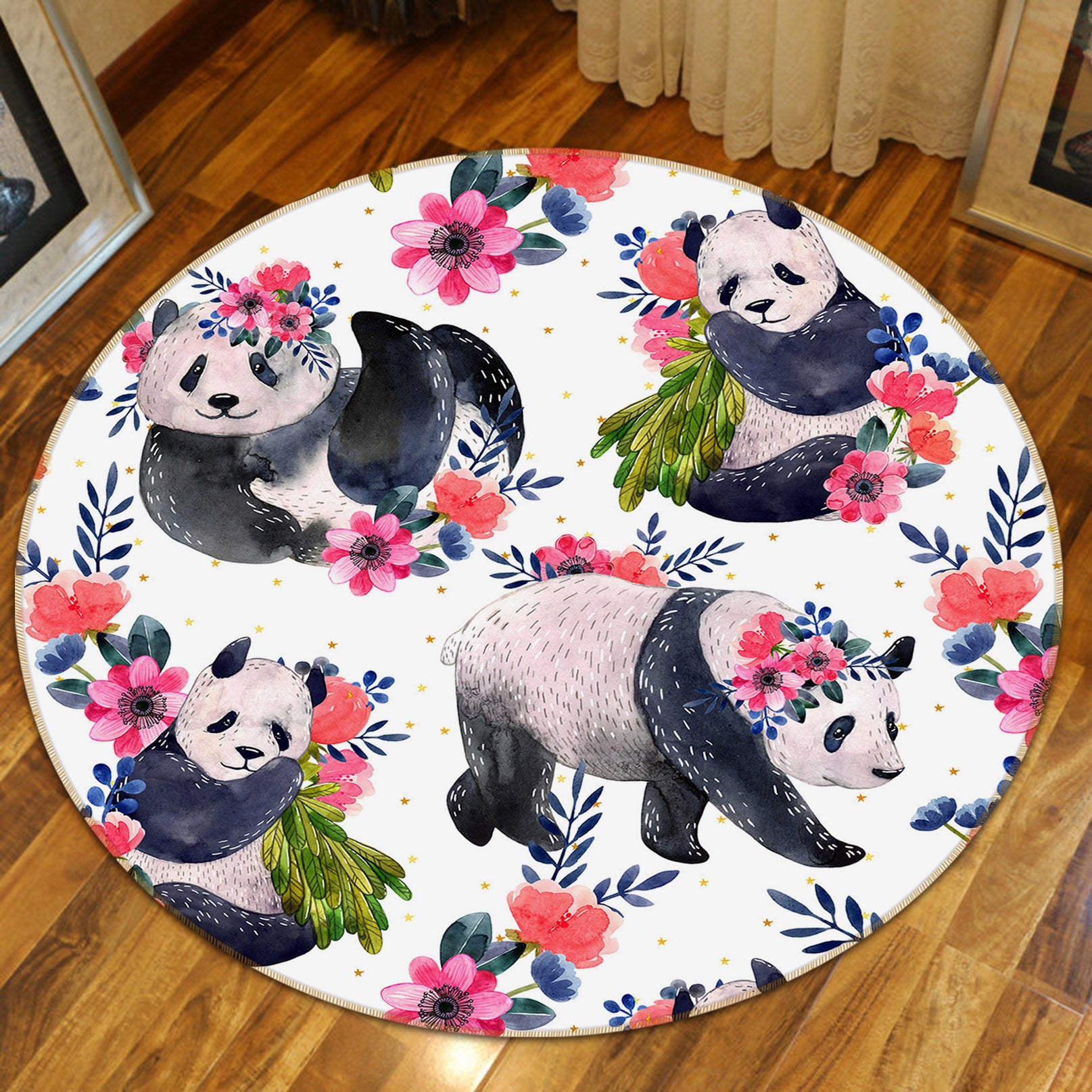 3D Flower Panda Pattern 82036 Animal Round Non Slip Rug Mat