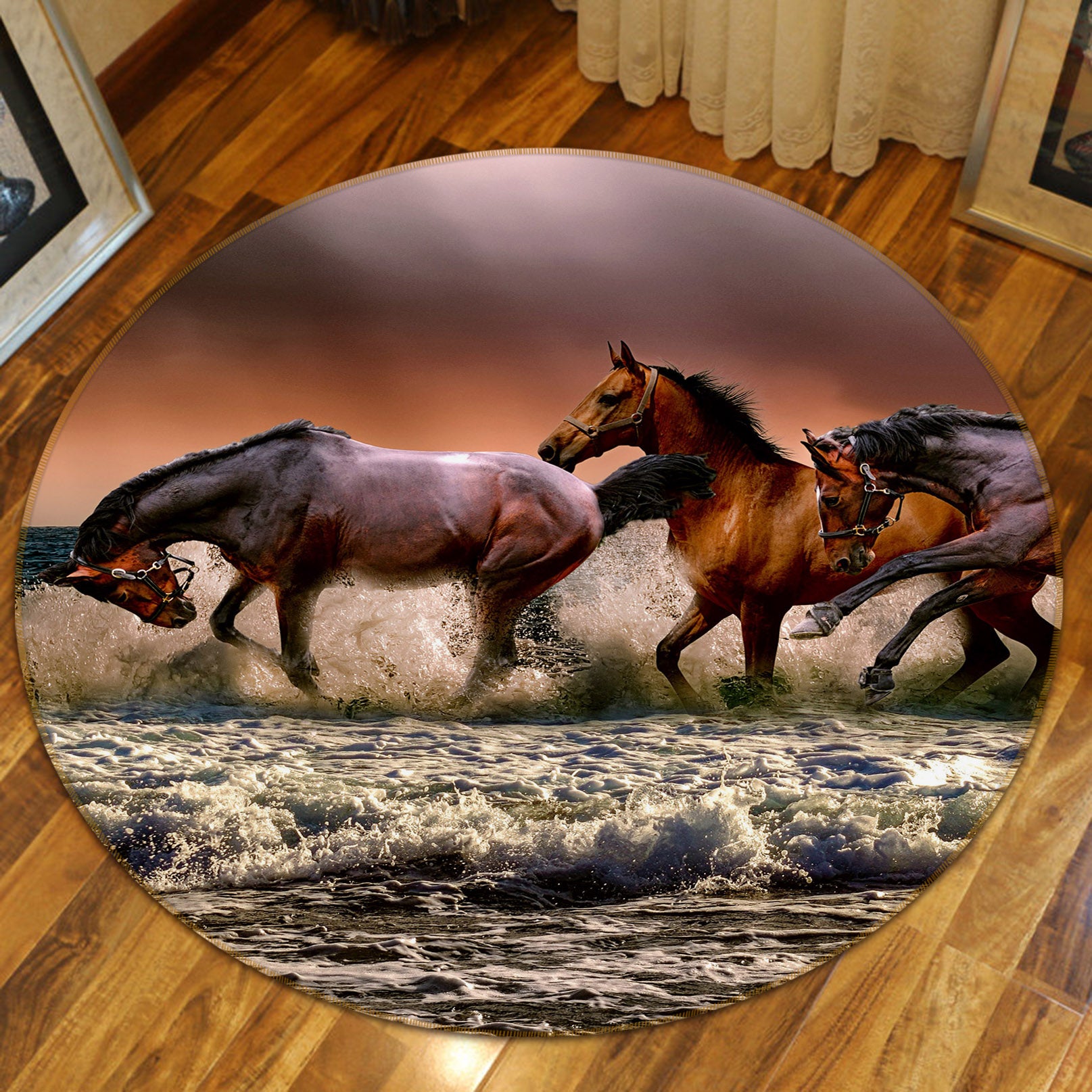 3D Running Horse 81269 Animal Round Non Slip Rug Mat