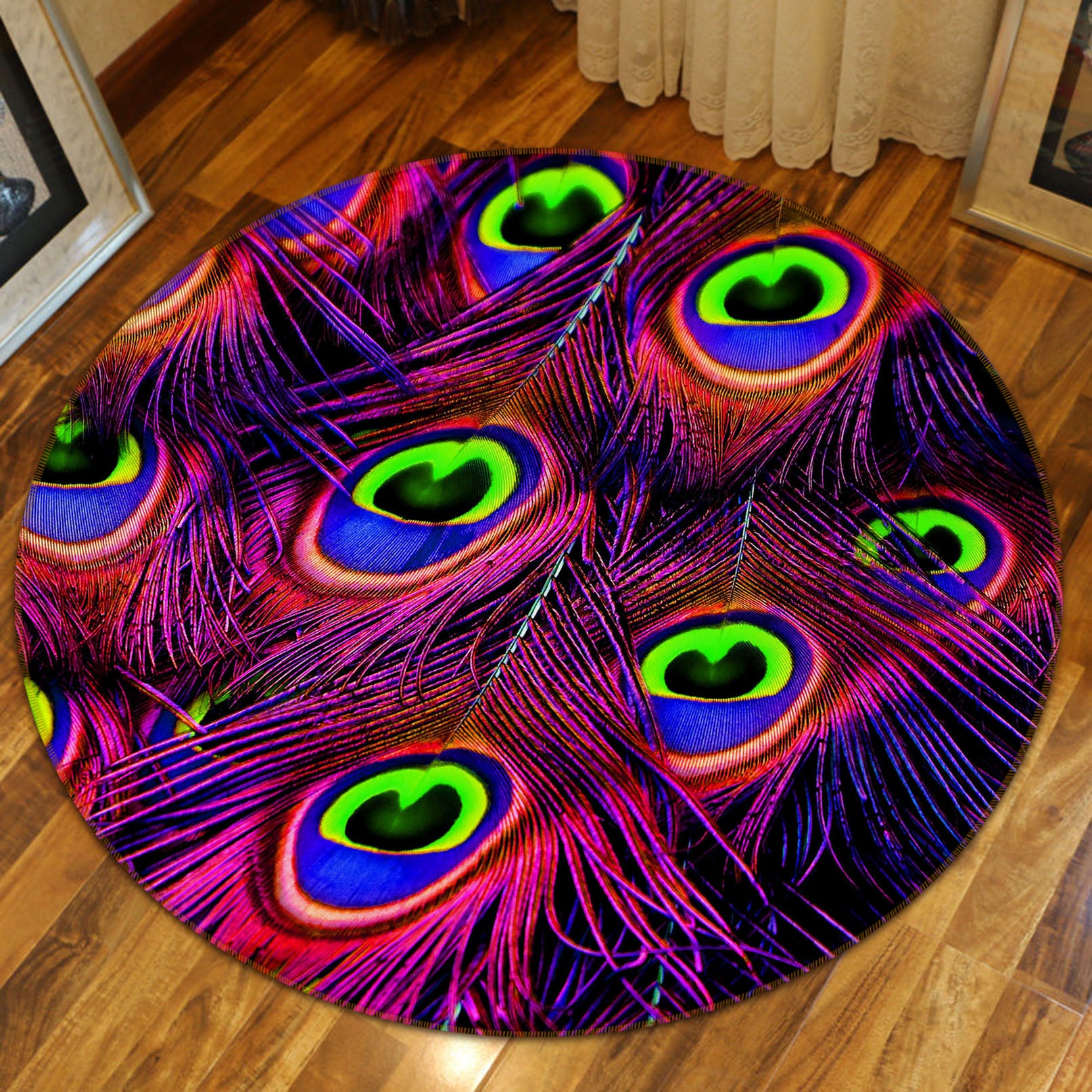 3D Color Peacock Feather 82025 Animal Round Non Slip Rug Mat