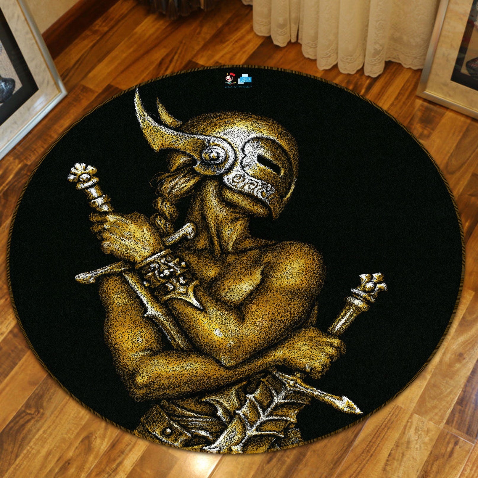 3D Metallic Sword Mask Man 6107 Ciruelo Rug Round Non Slip Rug Mat