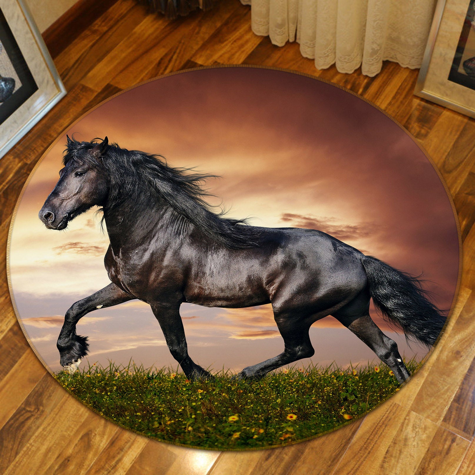 3D Black Horse 37185 Animal Round Non Slip Rug Mat