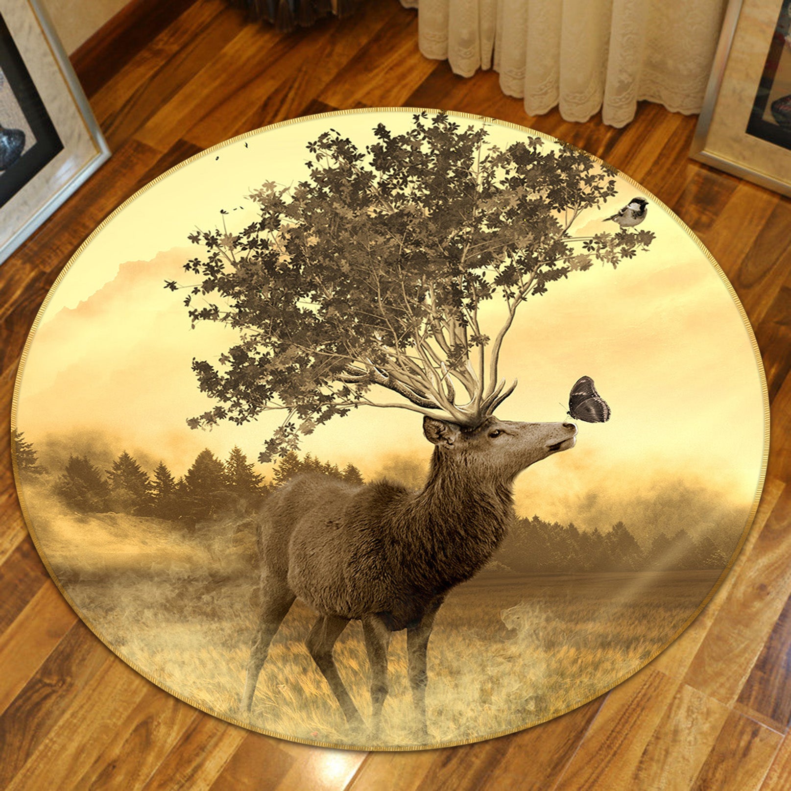 3D Trees Deer 82233 Animal Round Non Slip Rug Mat