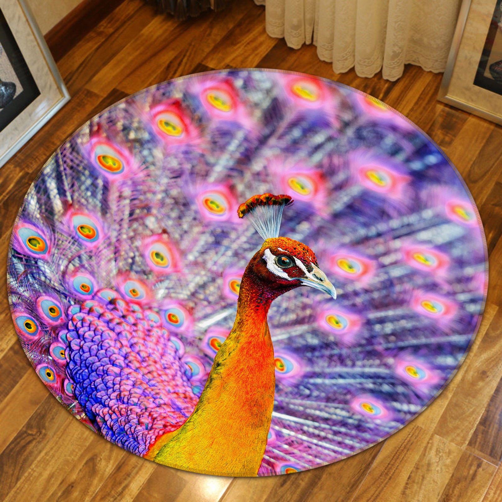 3D Fuchsia Peacock 37203 Animal Round Non Slip Rug Mat