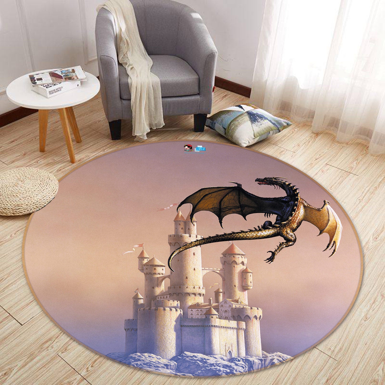 3D White Castle Dragon 6060 Ciruelo Rug Round Non Slip Rug Mat