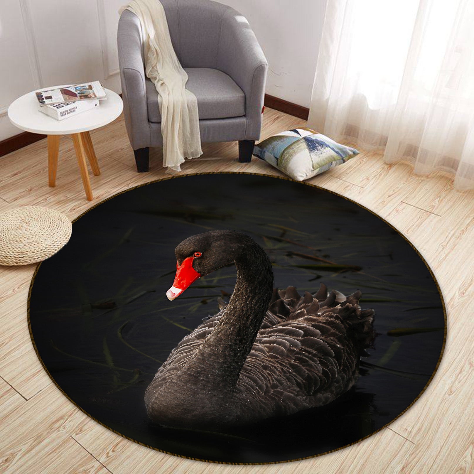 3D Black Swan 81280 Animal Round Non Slip Rug Mat