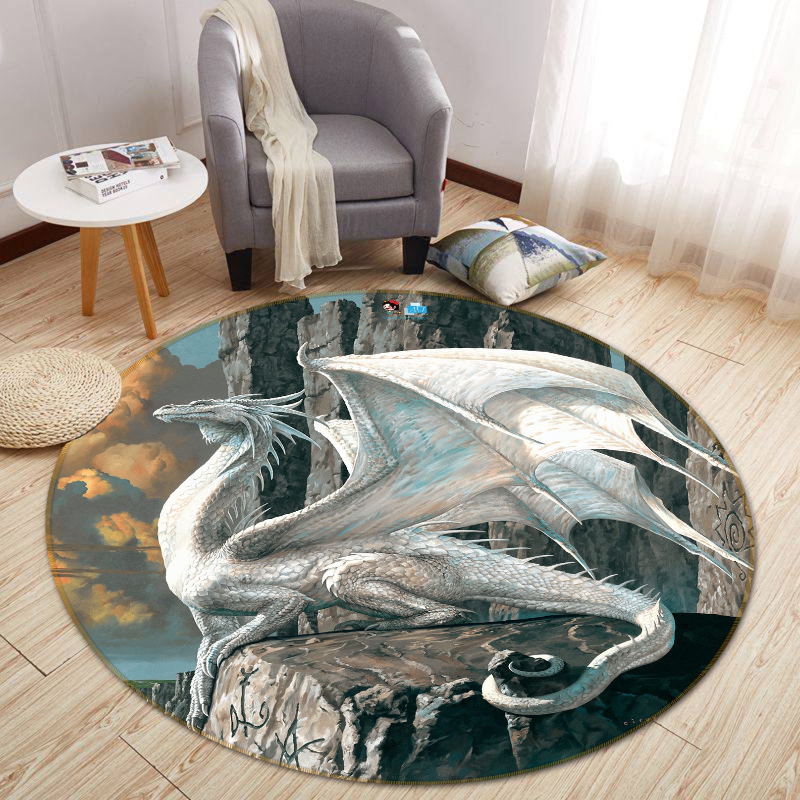 3D Rock White Dragon 6099 Ciruelo Rug Round Non Slip Rug Mat