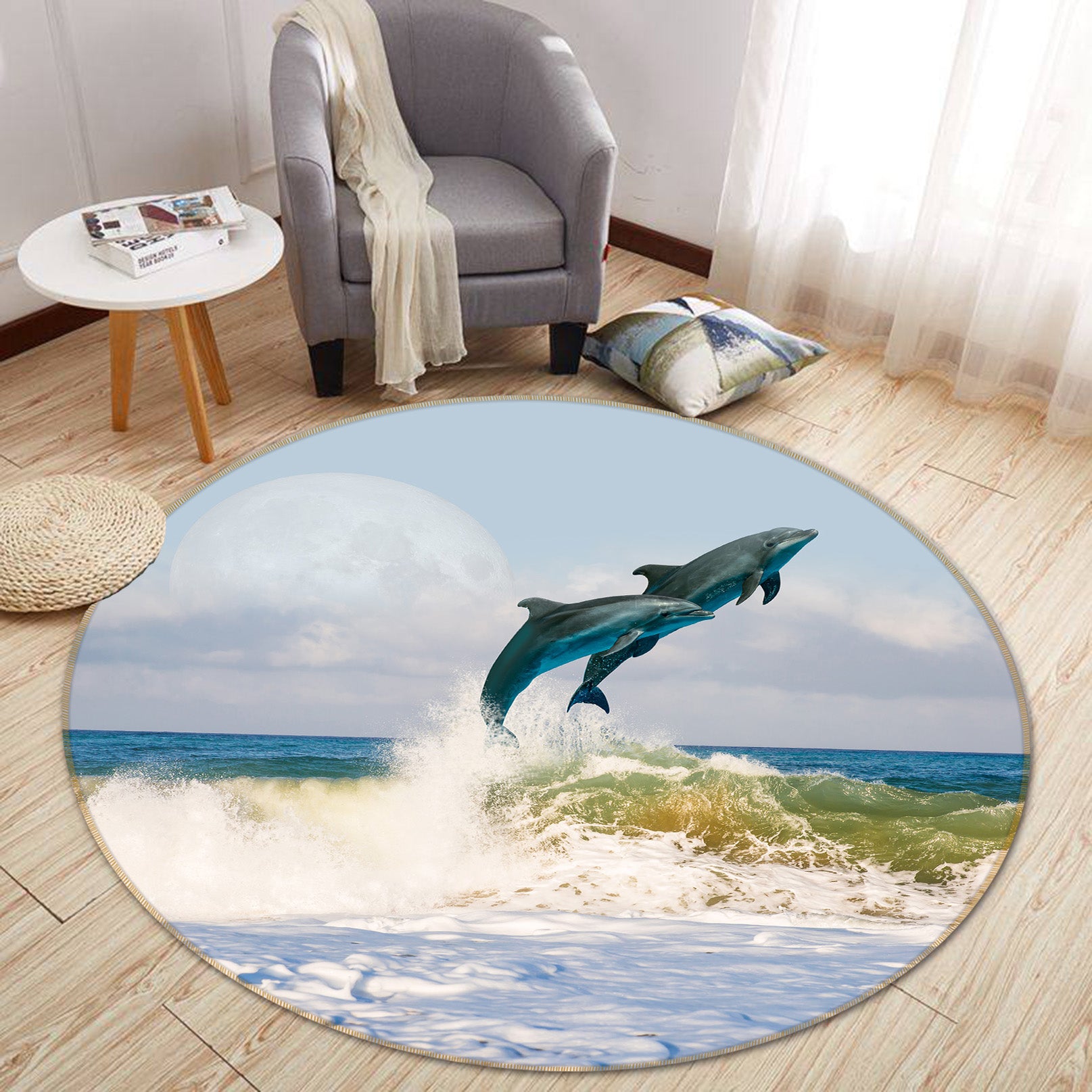 3D Jumping Dolphin 38087 Animal Round Non Slip Rug Mat