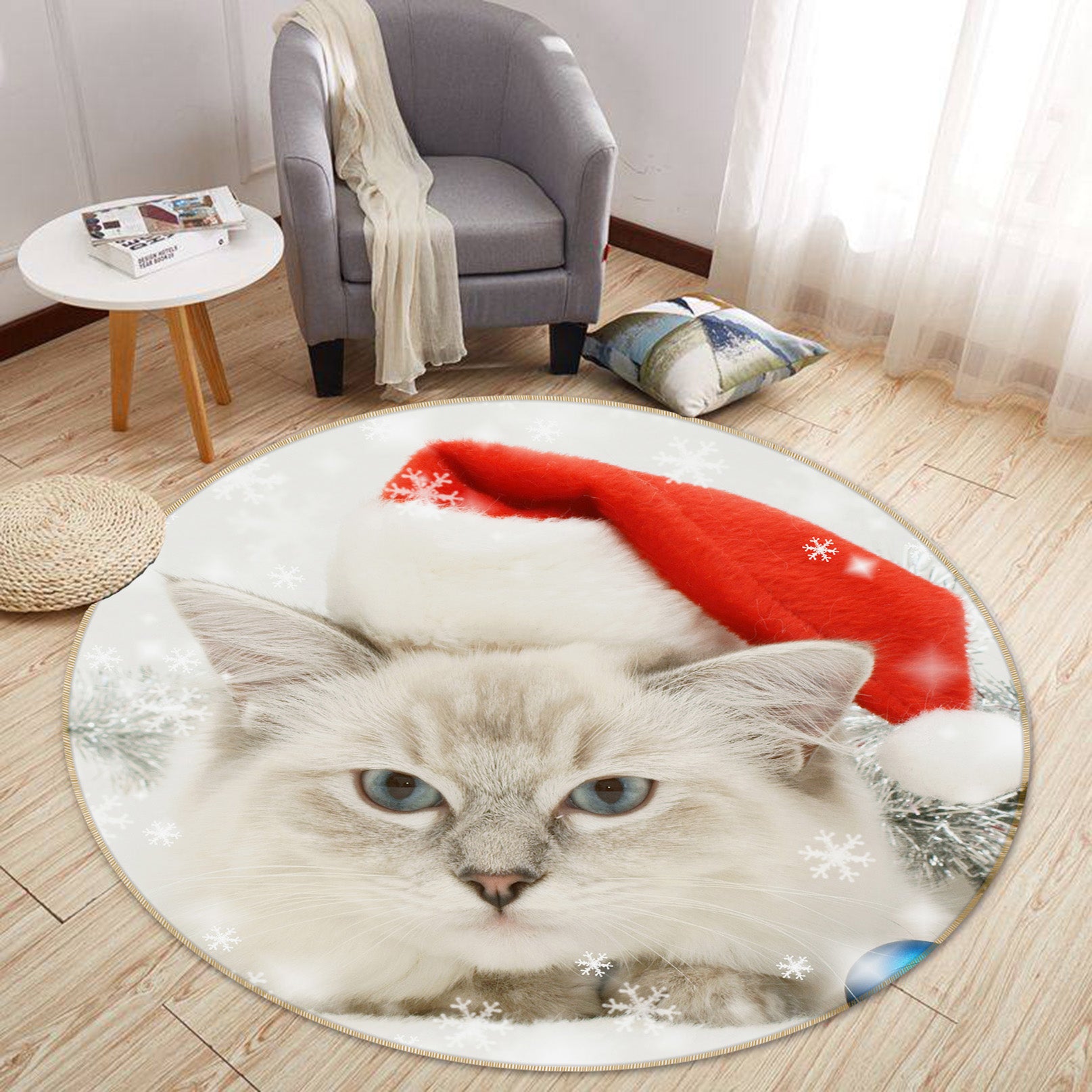 3D Cat Red Hat 82013 Animal Round Non Slip Rug Mat