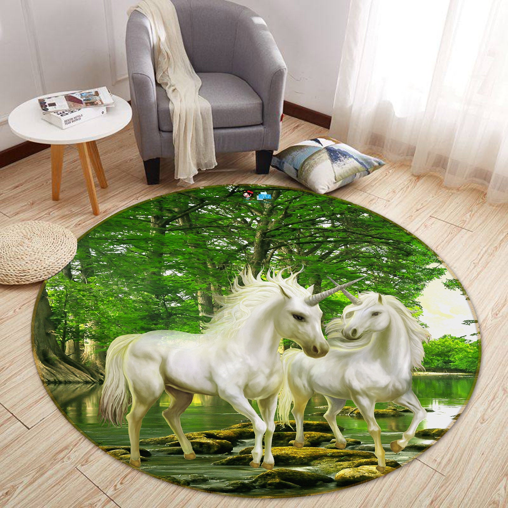 3D Forest Unicorn 74057 Round Non Slip Rug Mat