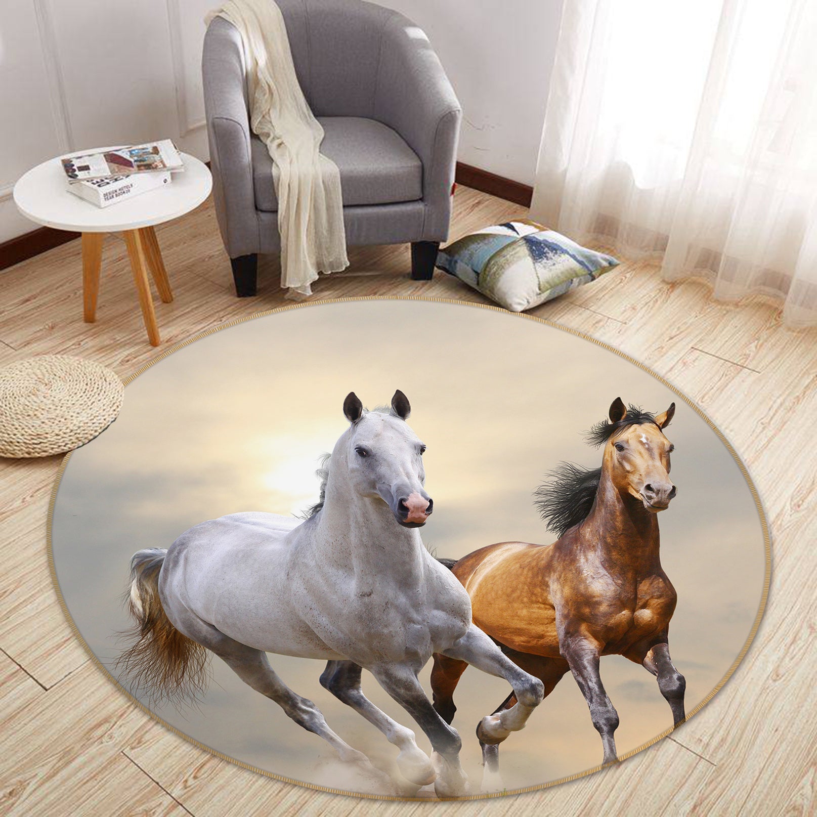 3D Running Horse 37184 Animal Round Non Slip Rug Mat