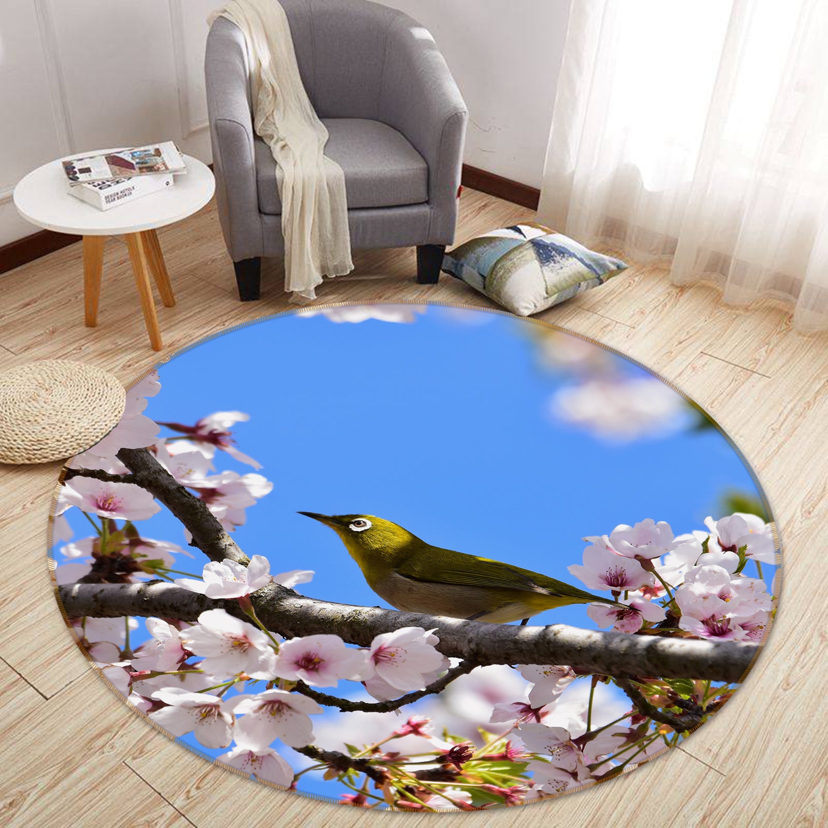 3D Flower Branch Bird 81270 Animal Round Non Slip Rug Mat