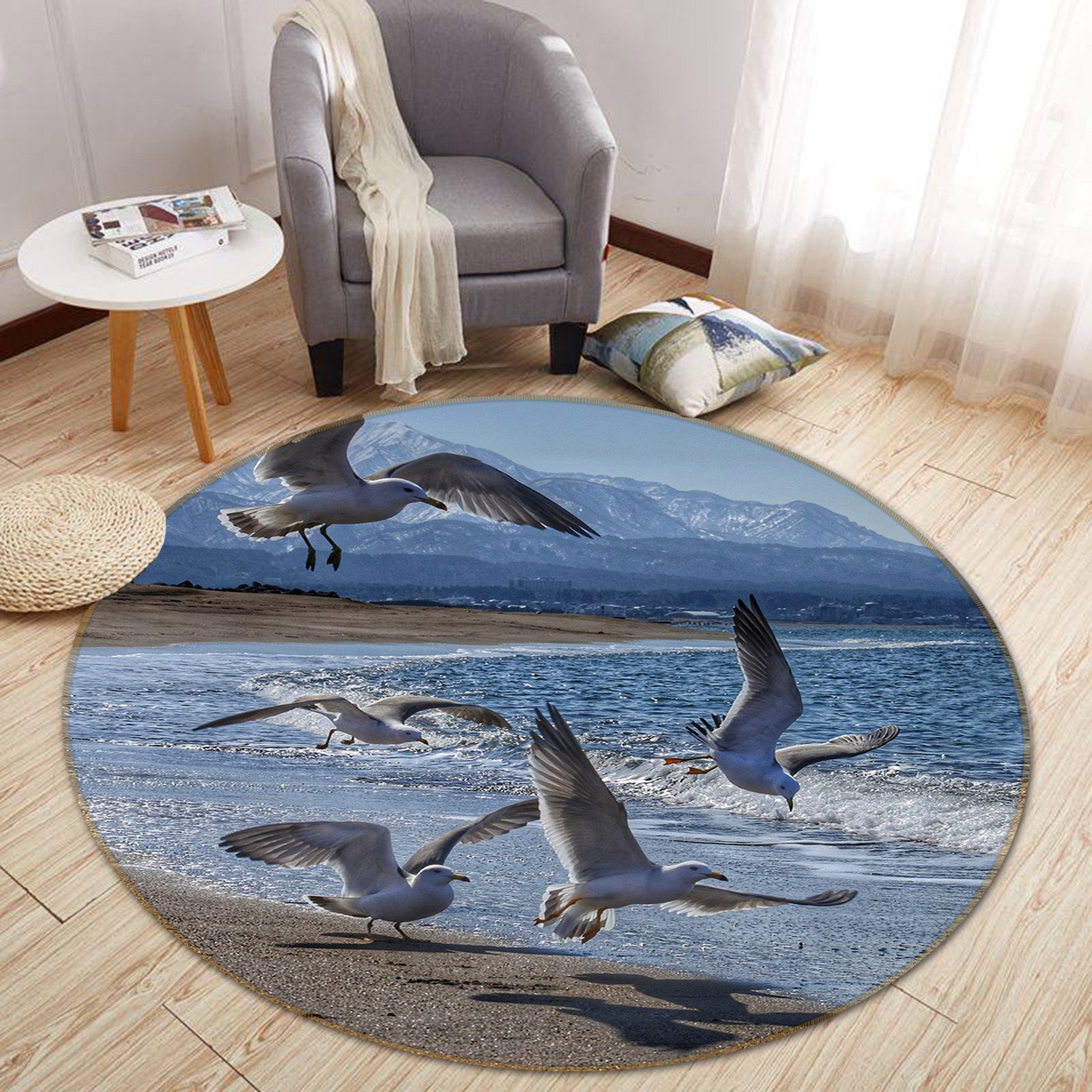 3D Seaside Seagull 82194 Animal Round Non Slip Rug Mat