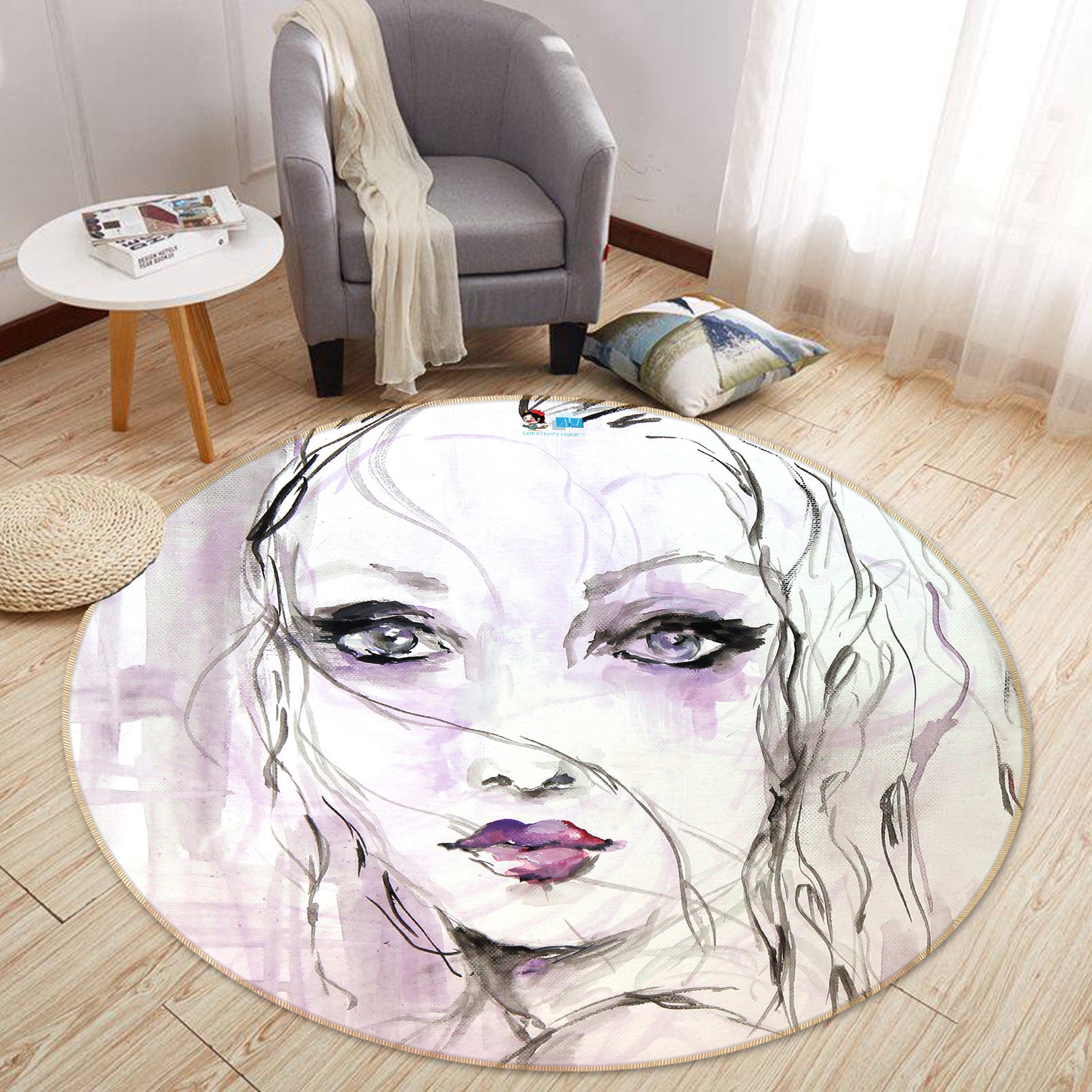 3D Line Woman Face 1194 Debi Coules Rug Round Non Slip Rug Mat