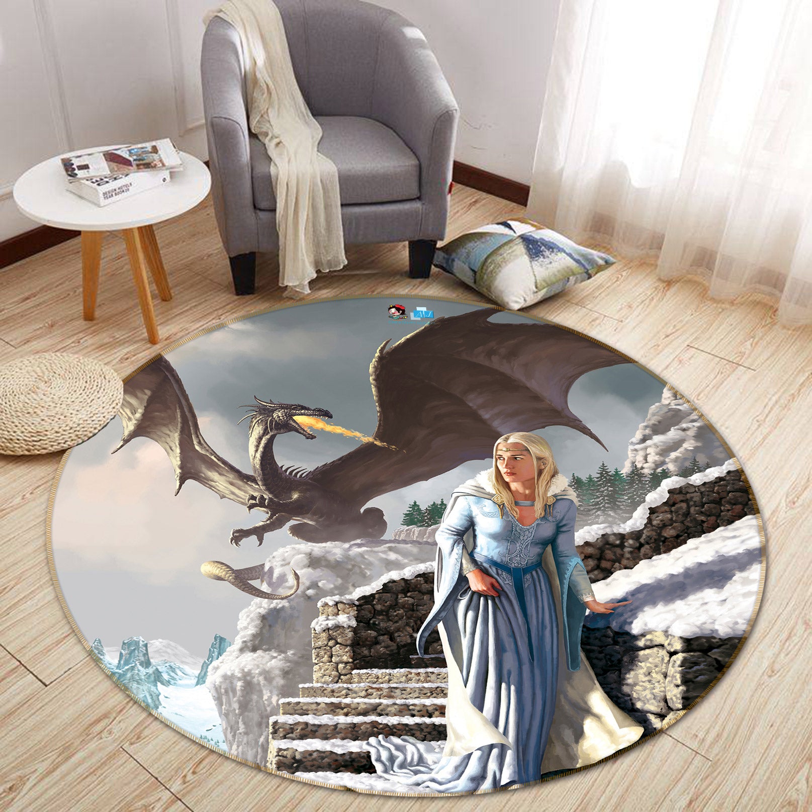 3D Dragon Stone Stairs People 6095 Ciruelo Rug Round Non Slip Rug Mat