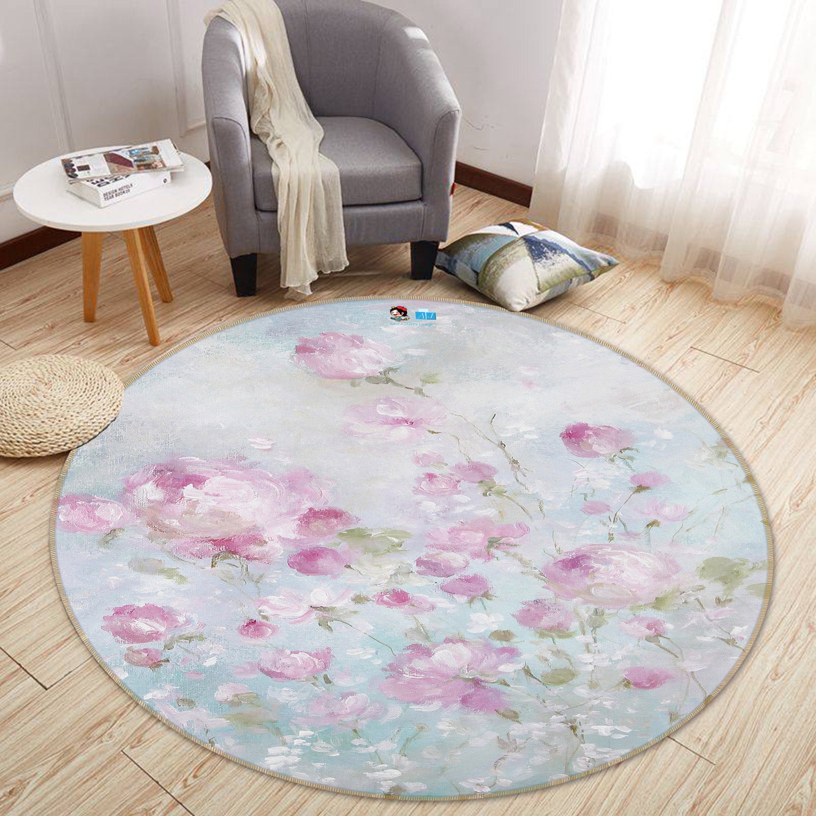 3D Flower Bush Pink 1127 Debi Coules Rug Round Non Slip Rug Mat