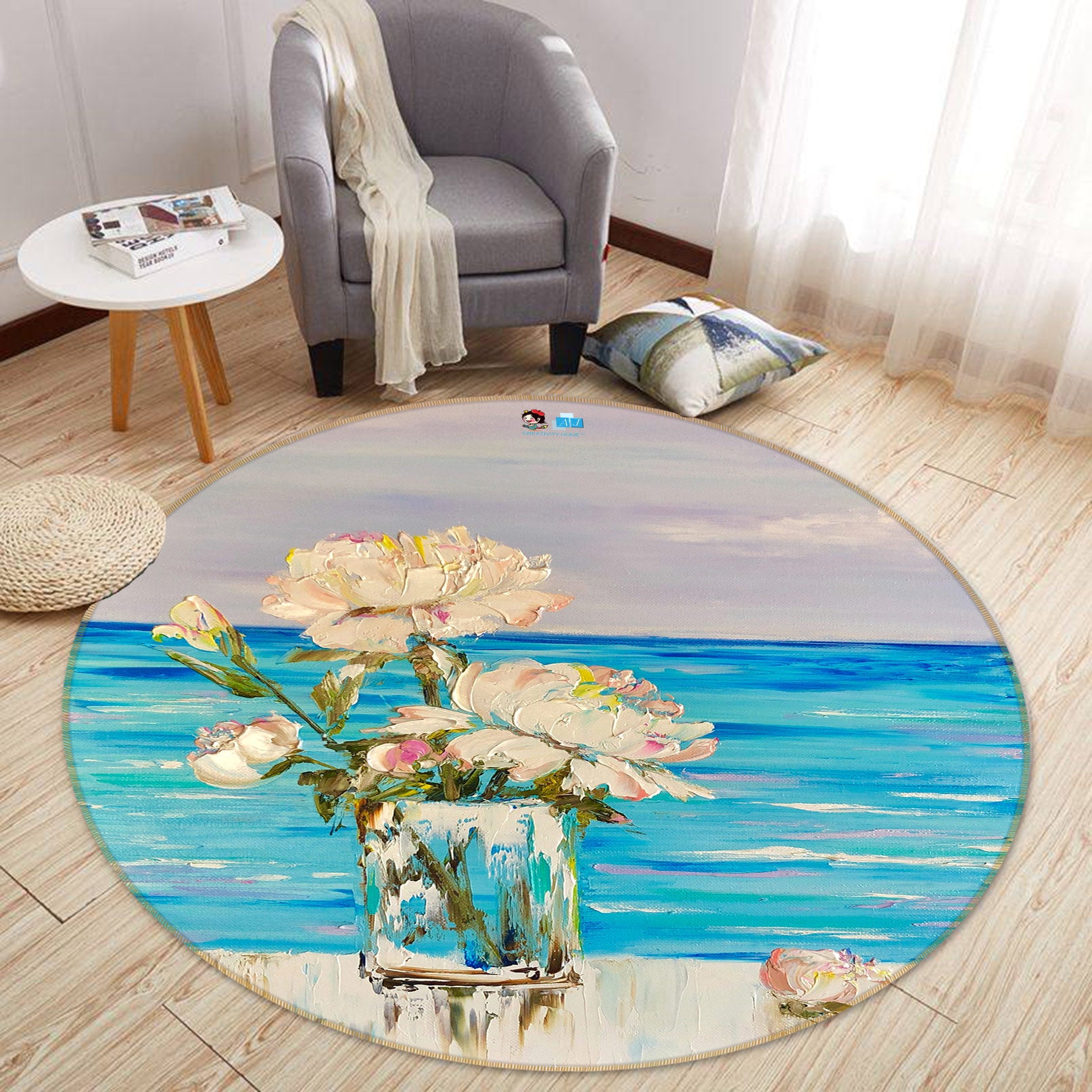 3D Blue Ocean Flower 785 Skromova Marina Rug Round Non Slip Rug Mat