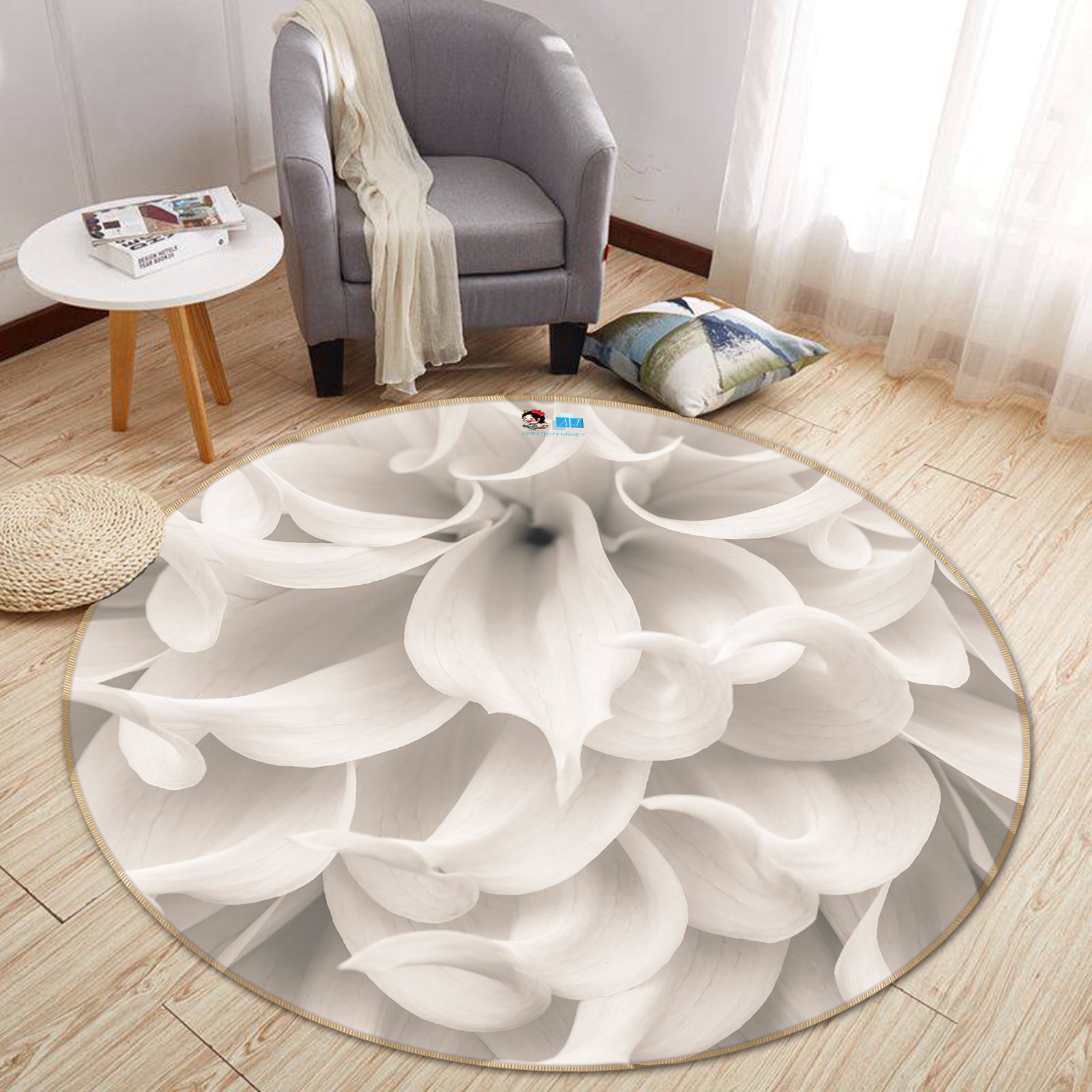 3D White Petal 7412 Assaf Frank Rug Round Non Slip Rug Mat