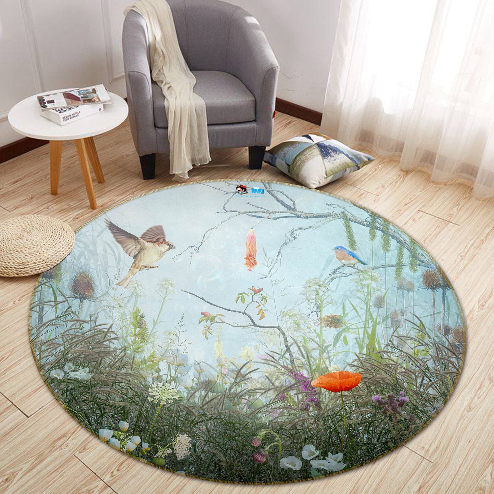 3D Poppy Bird 5017 Beth Sheridan Rug Round Non Slip Rug Mat