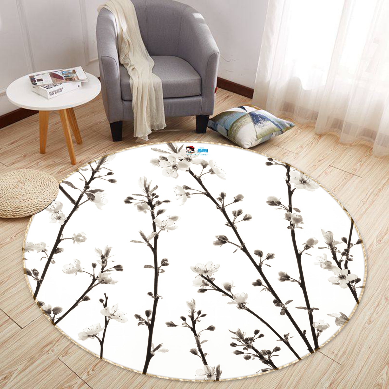 3D White Flower Branch 7503 Assaf Frank Rug Round Non Slip Rug Mat