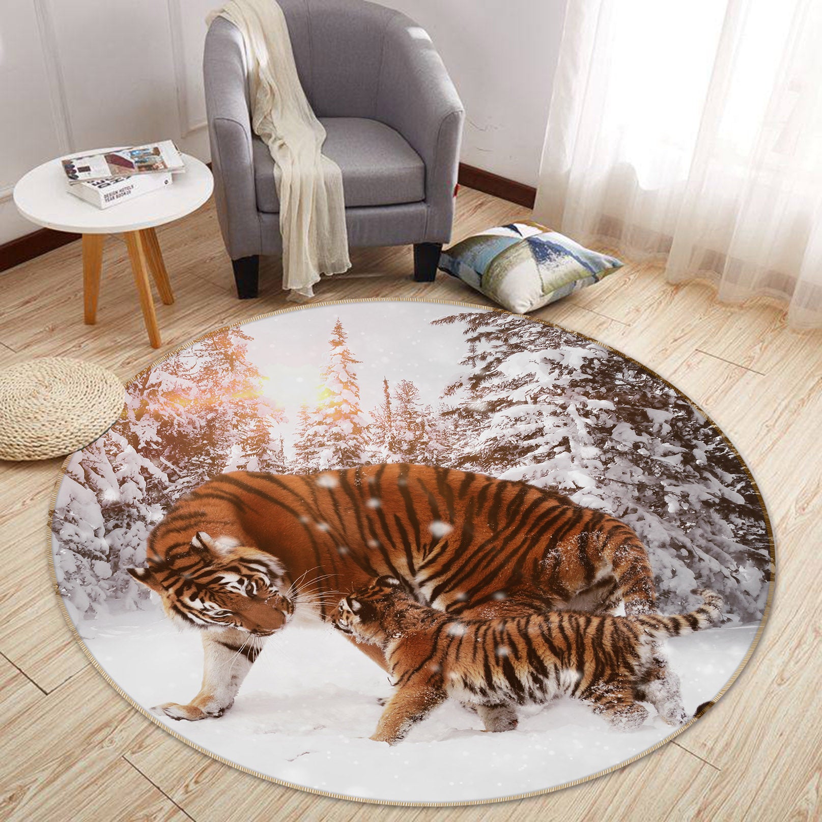 3D Tiger Snowfield 82055 Animal Round Non Slip Rug Mat