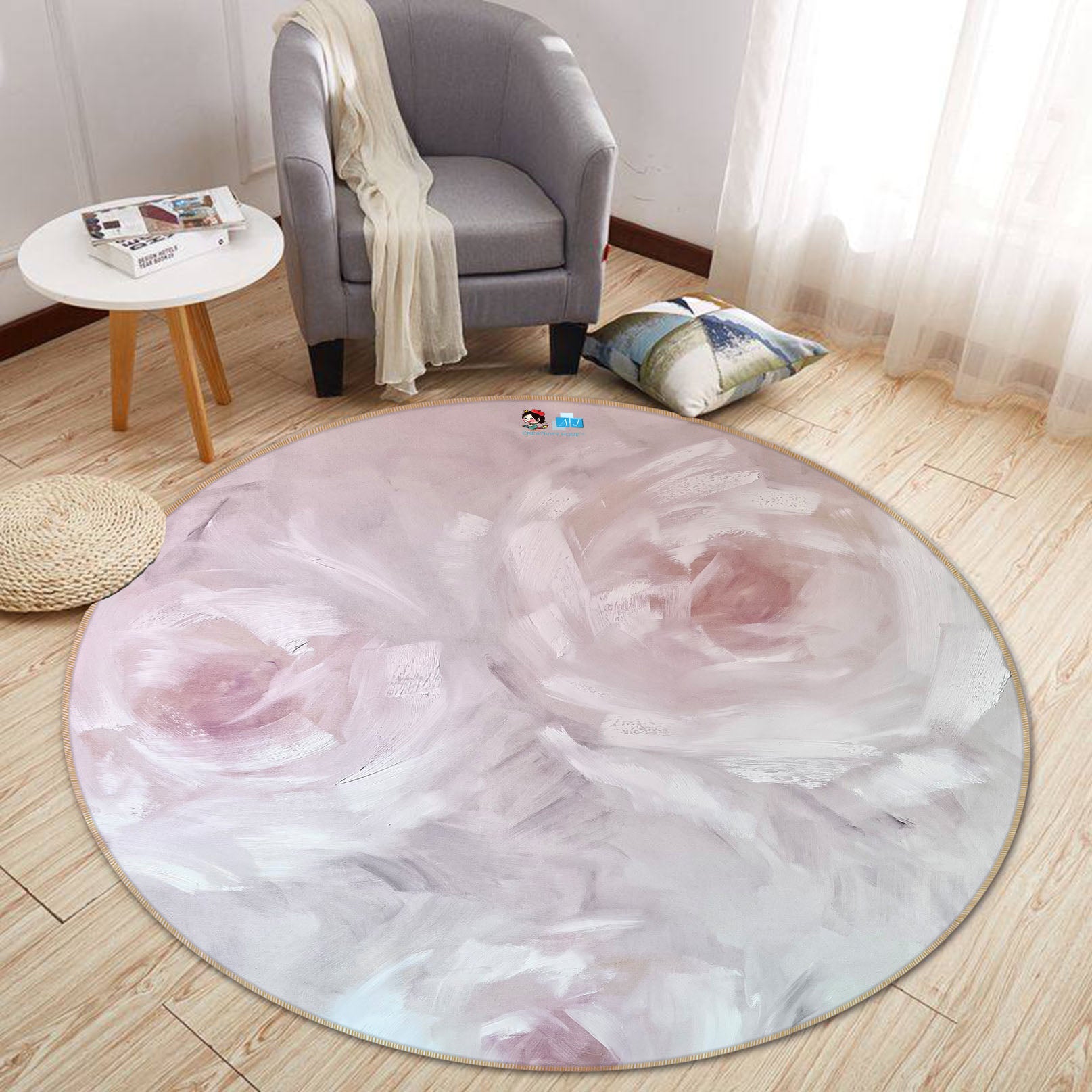 3D Light Pink Flowers 3908 Skromova Marina Rug Round Non Slip Rug Mat