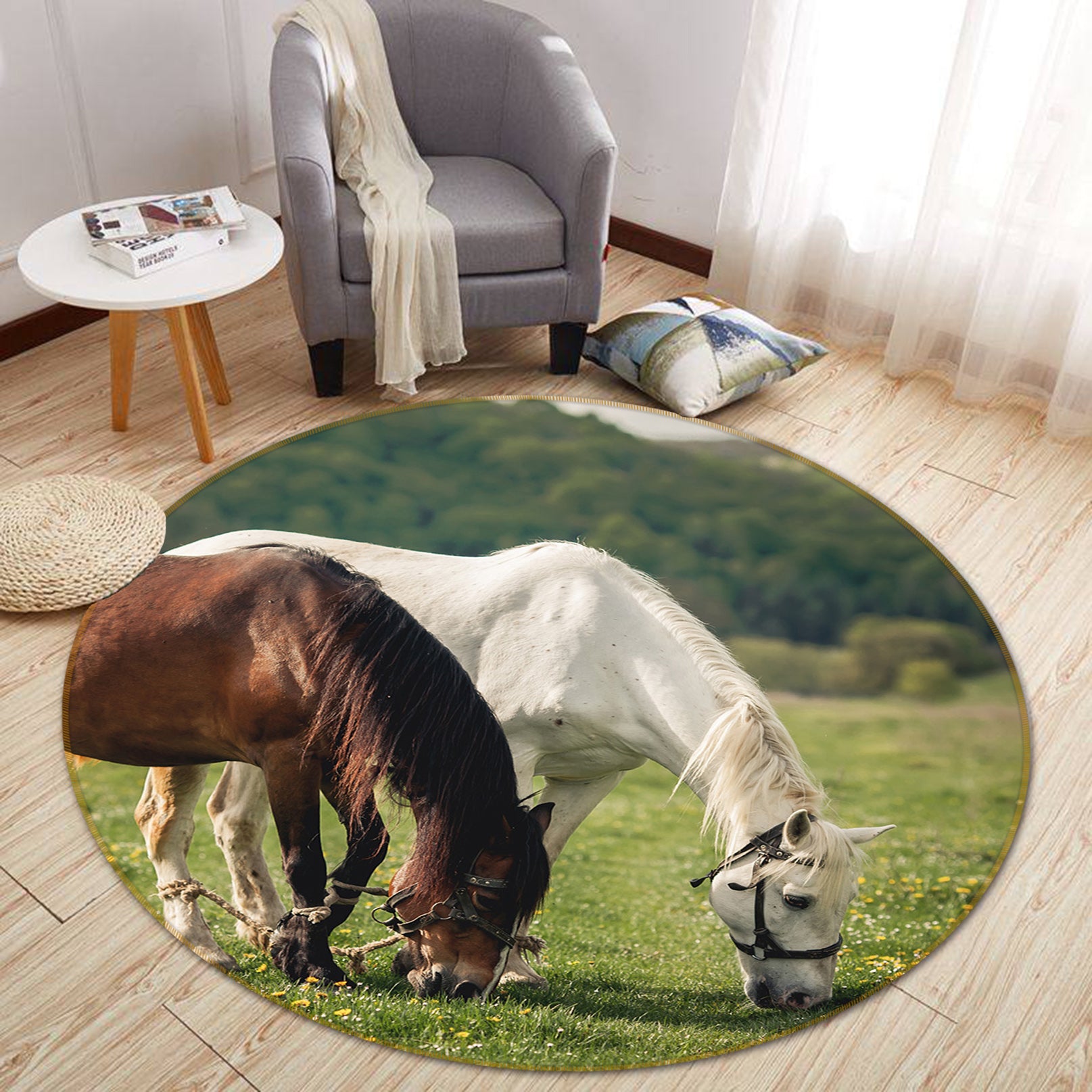 3D Horse Eating Grass 82220 Animal Round Non Slip Rug Mat