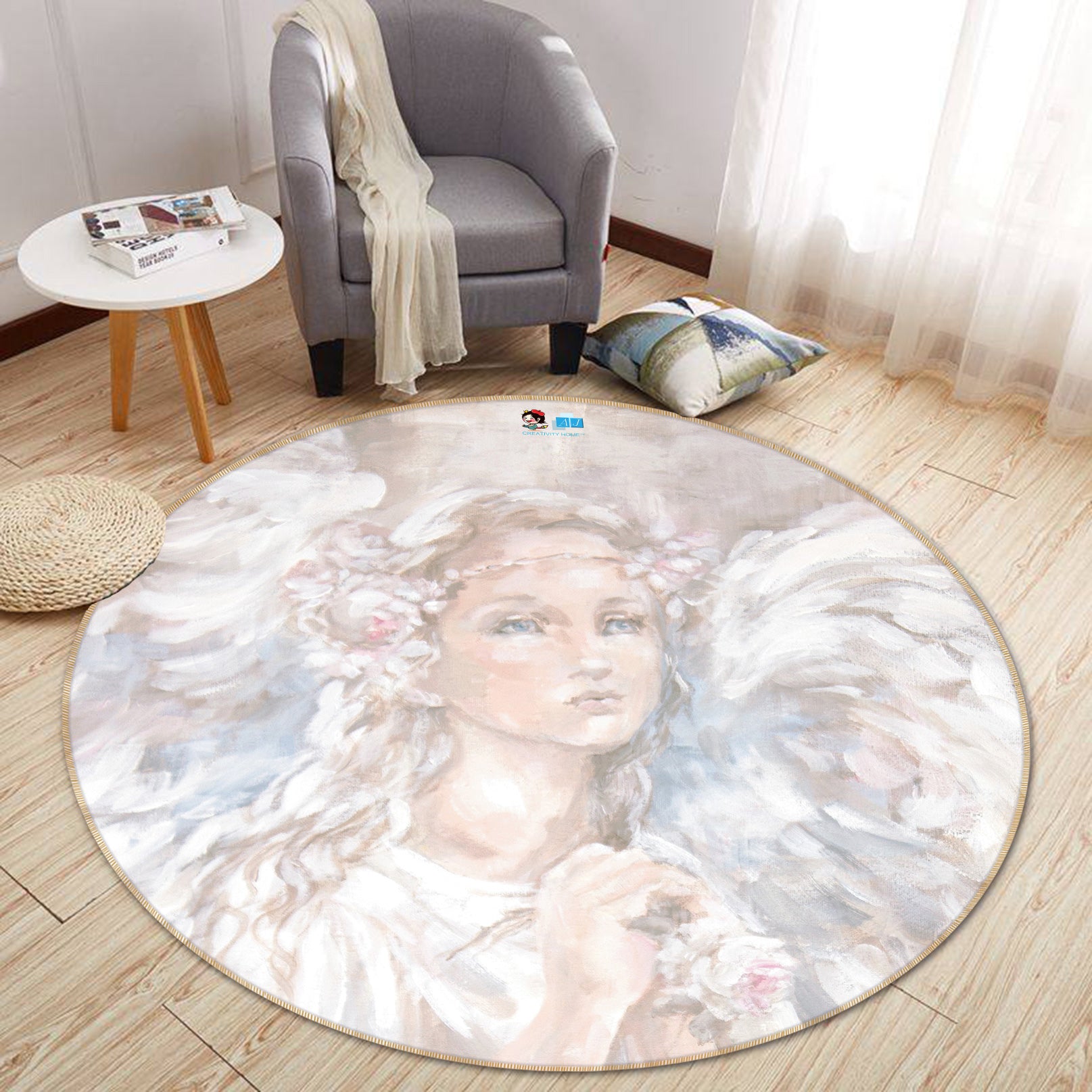 3D Flowers Winged Angel 1168 Debi Coules Rug Round Non Slip Rug Mat