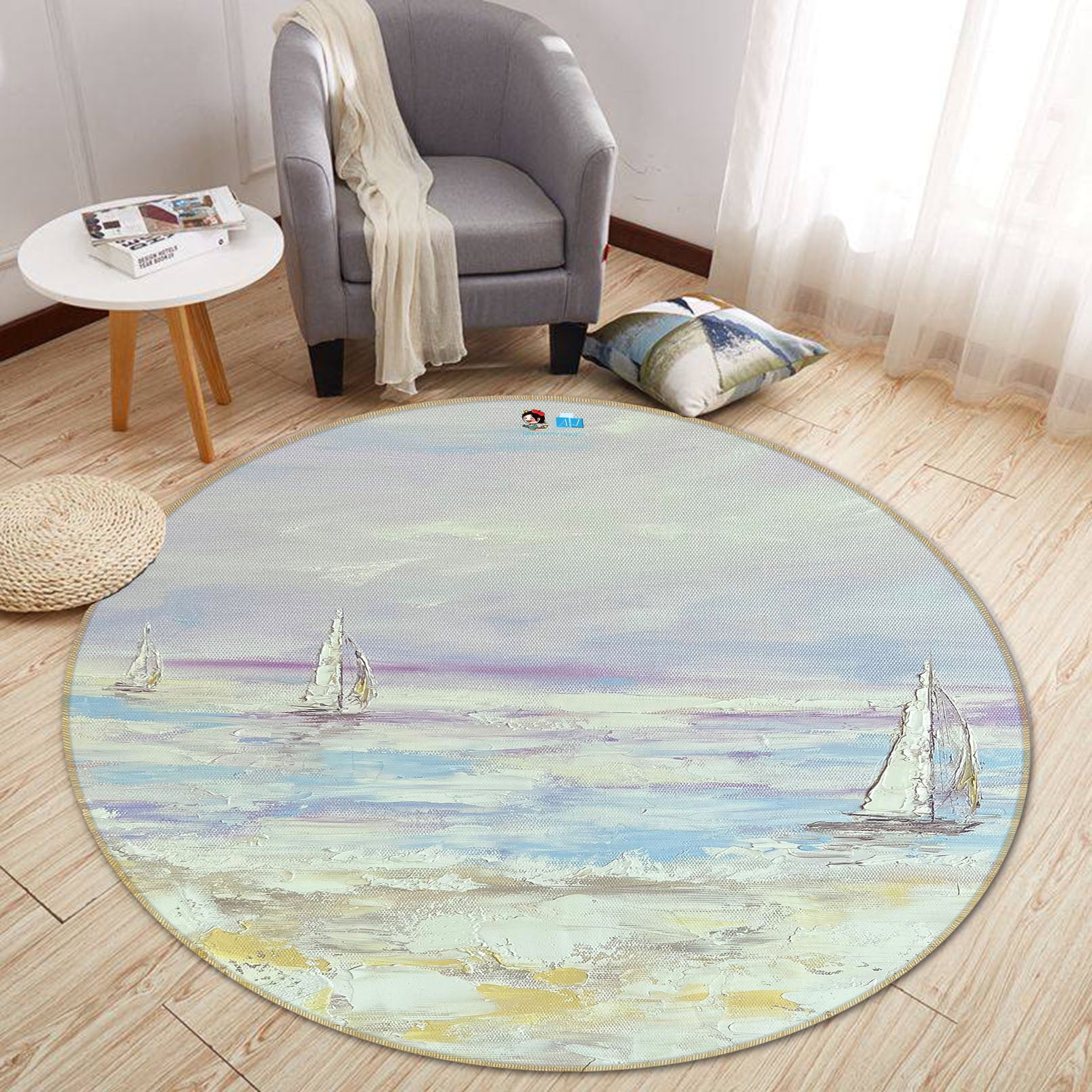 3D Sailing Boat 3874 Skromova Marina Rug Round Non Slip Rug Mat