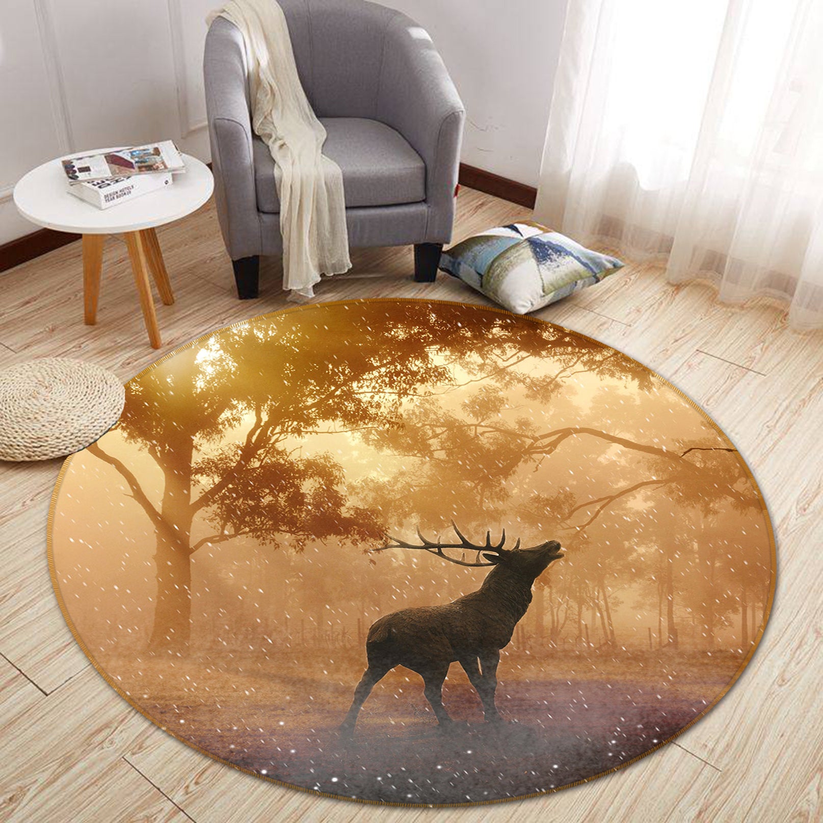 3D Trees Deer 82232 Animal Round Non Slip Rug Mat