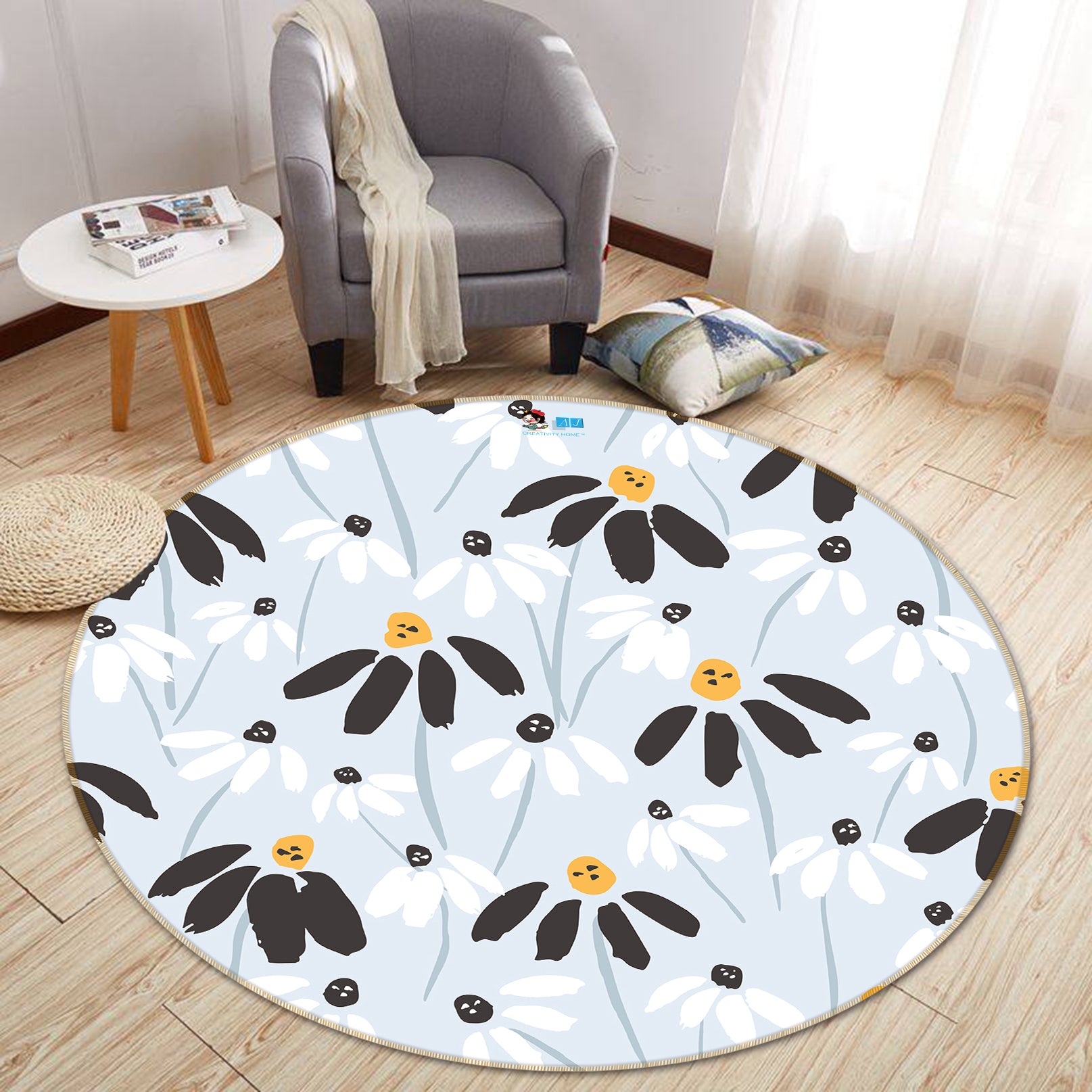 3D Black White Petal Flower 10515 Kashmira Jayaprakash Rug Round Non Slip Rug Mat