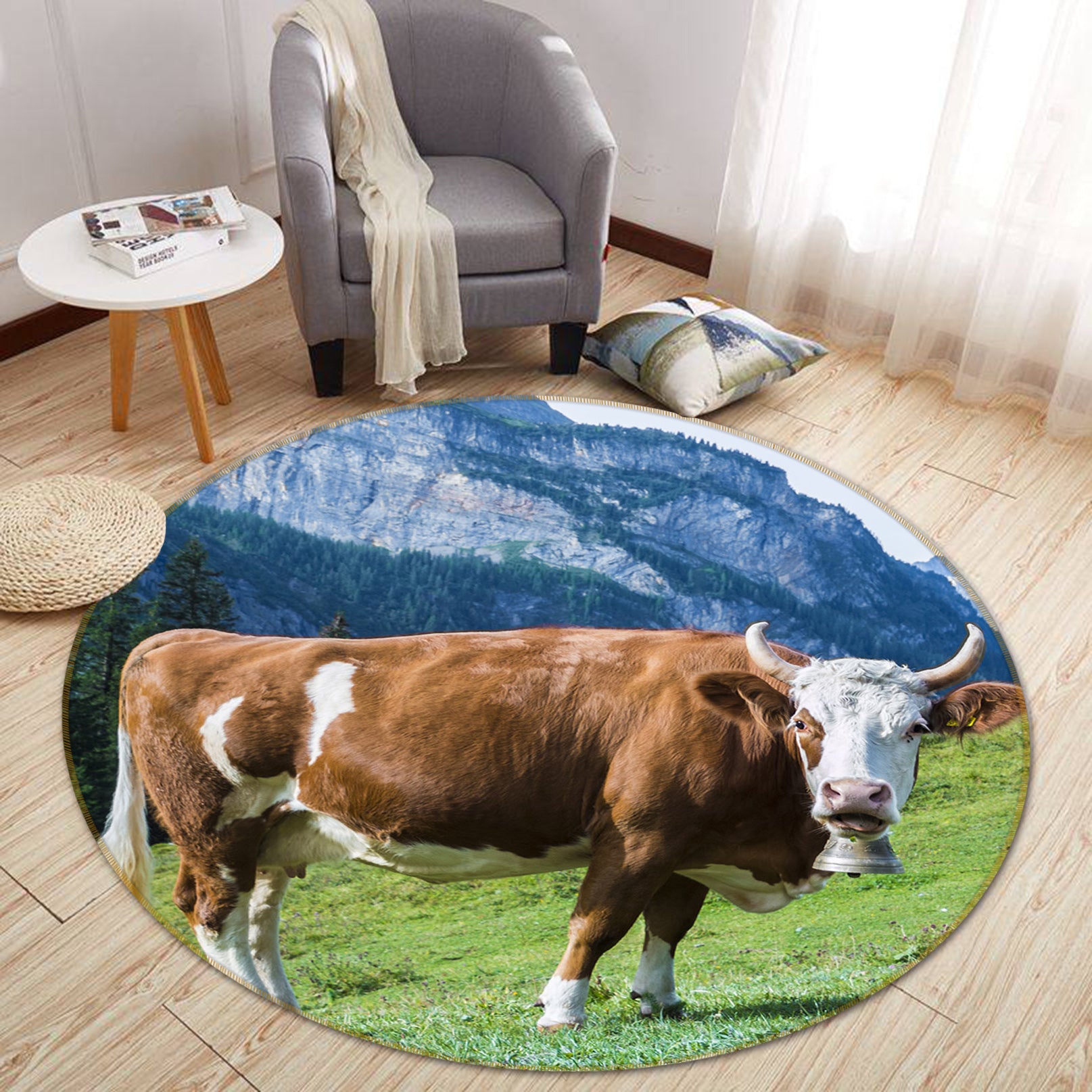 3D Cows Mountain Grass 82205 Animal Round Non Slip Rug Mat