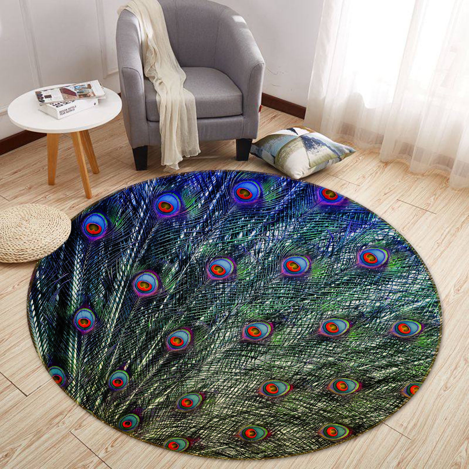 3D Peacock Feather 82039 Animal Round Non Slip Rug Mat