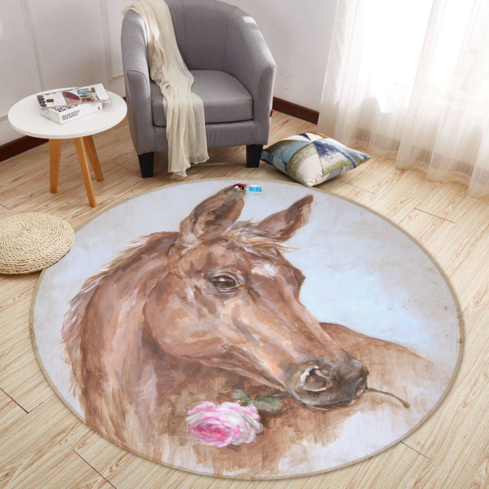 3D Horse With Flowers 1095 Debi Coules Rug Round Non Slip Rug Mat