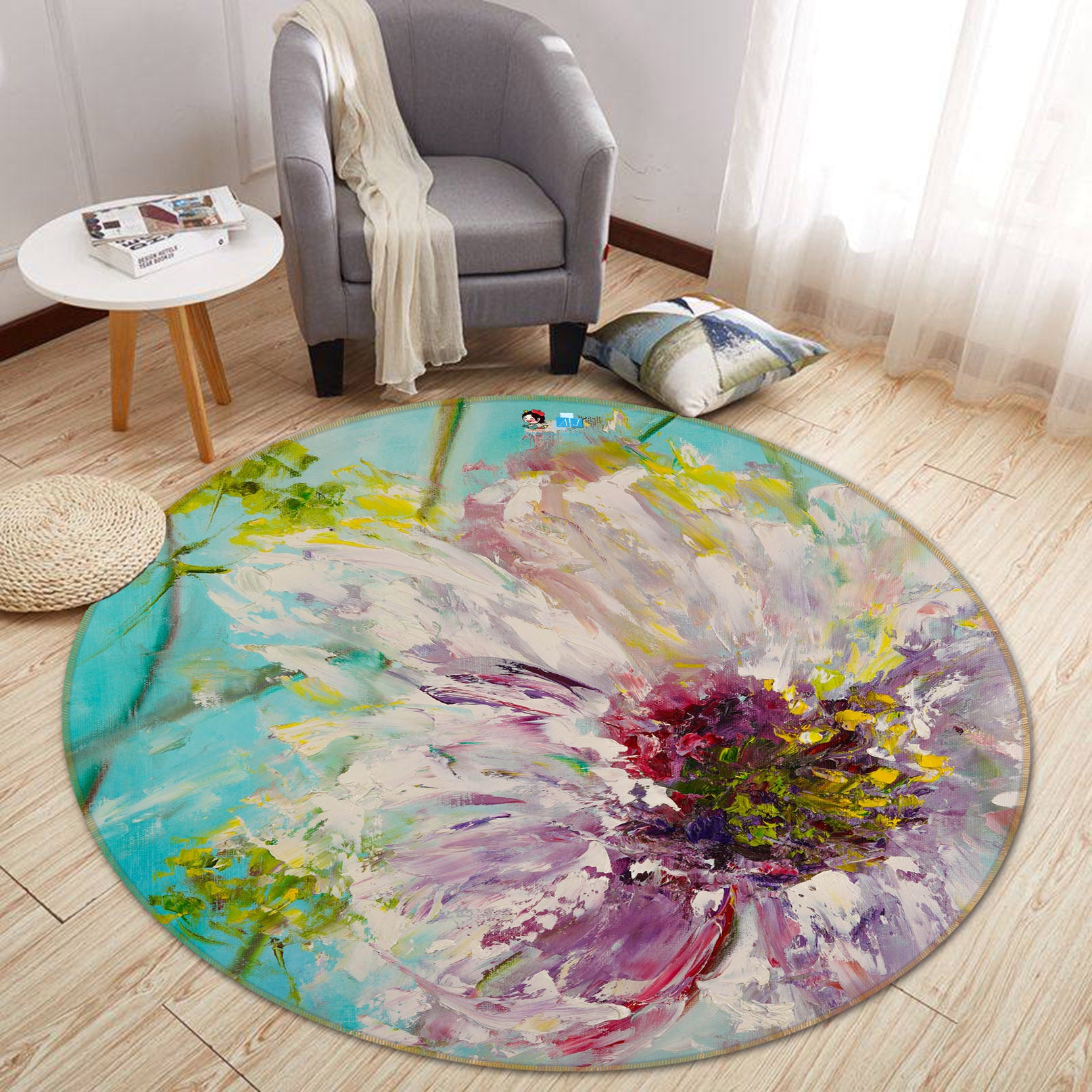 3D Pink Painted Flowers 842 Skromova Marina Rug Round Non Slip Rug Mat