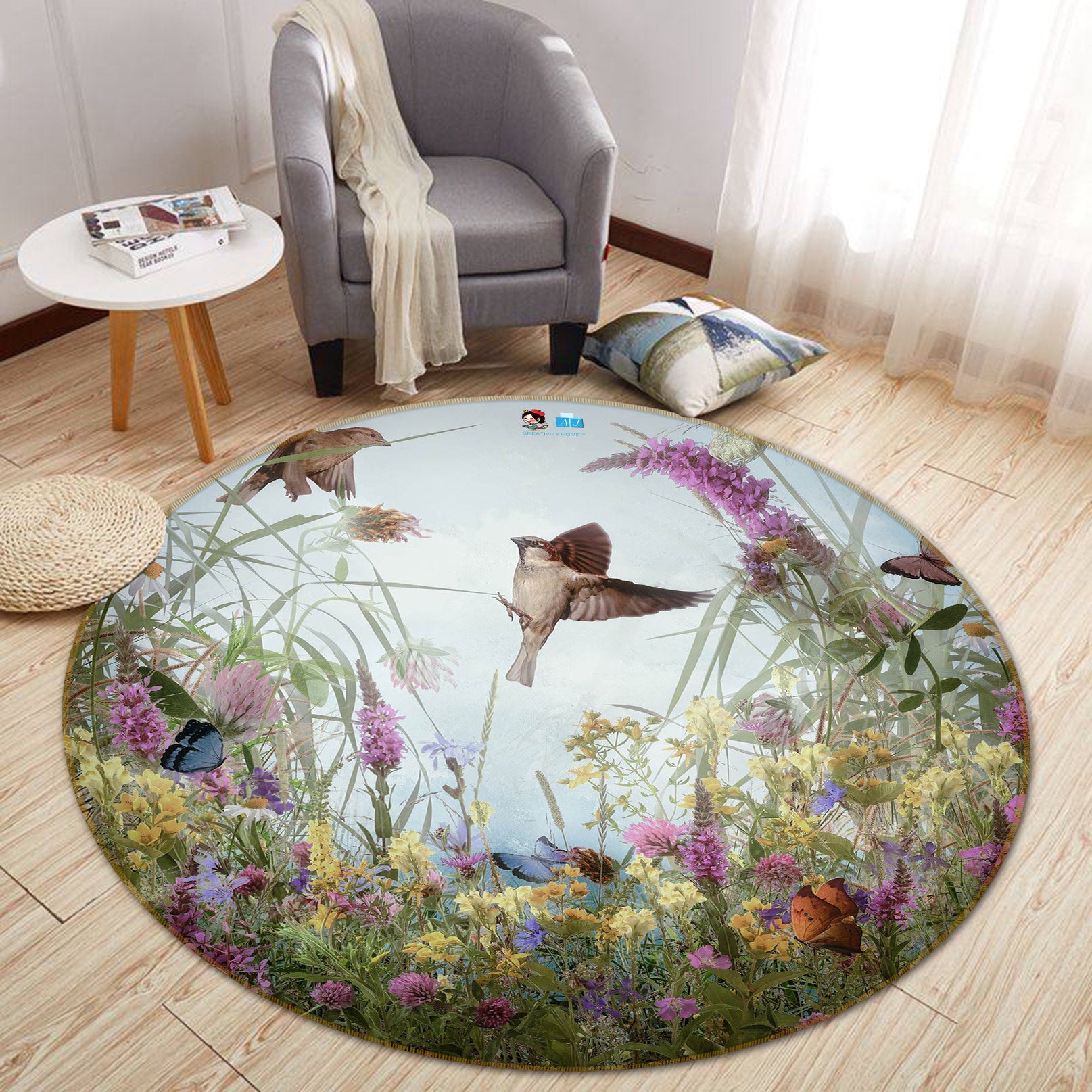 3D Garden Butterfly 5018 Beth Sheridan Rug Round Non Slip Rug Mat