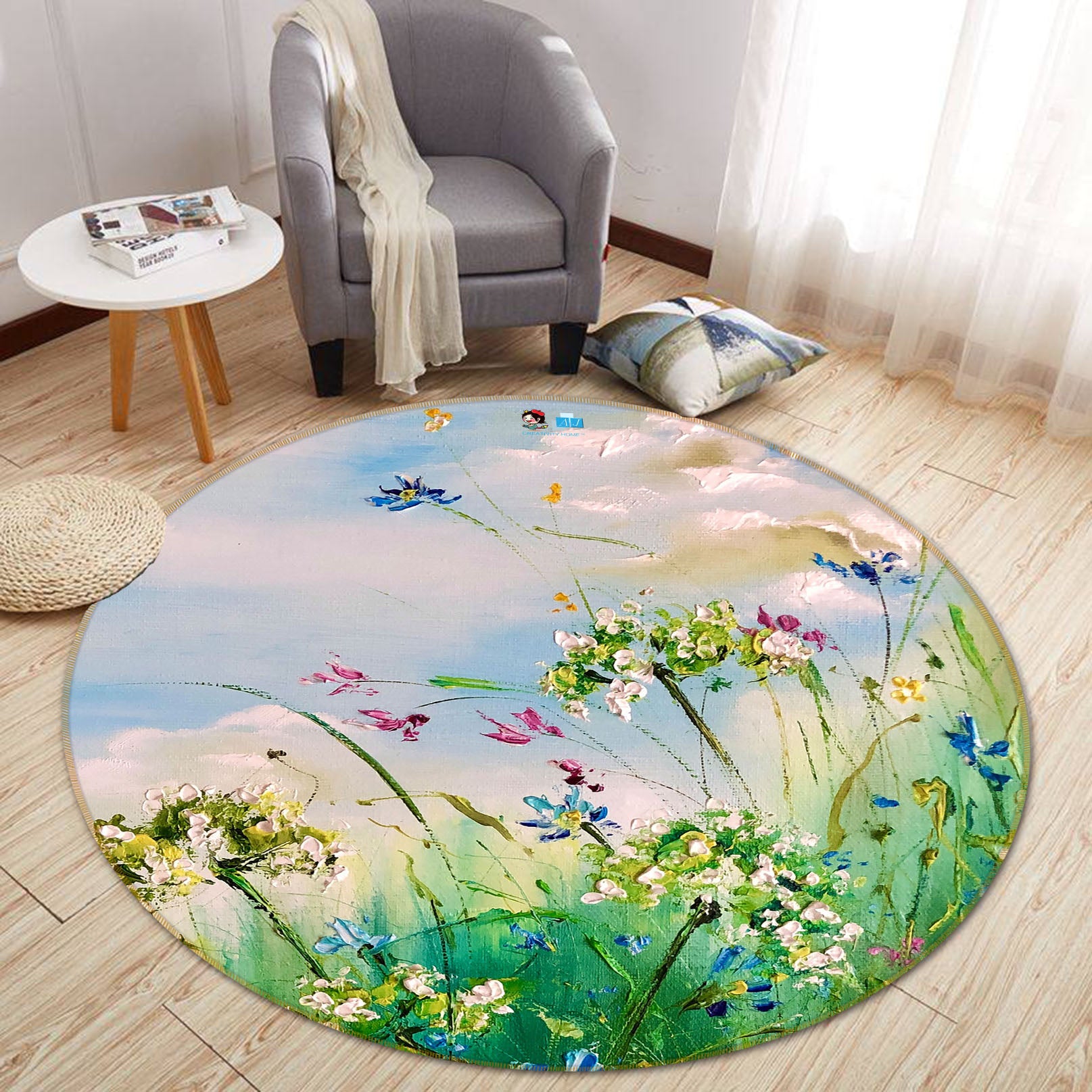 3D Green Grass Flower 856 Skromova Marina Rug Round Non Slip Rug Mat