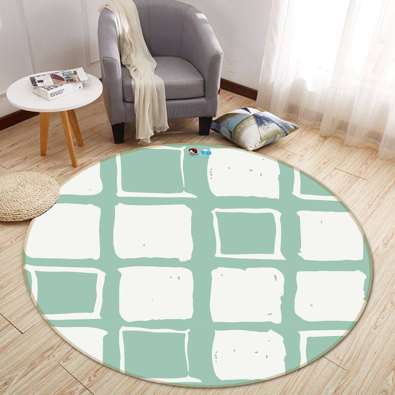 3D Green Square Pattern 104229 Kashmira Jayaprakash Rug Round Non Slip Rug Mat