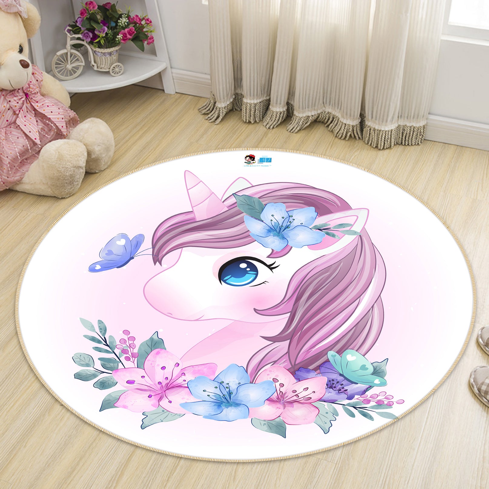 3D Flowers Unicorn 74229 Round Non Slip Rug Mat