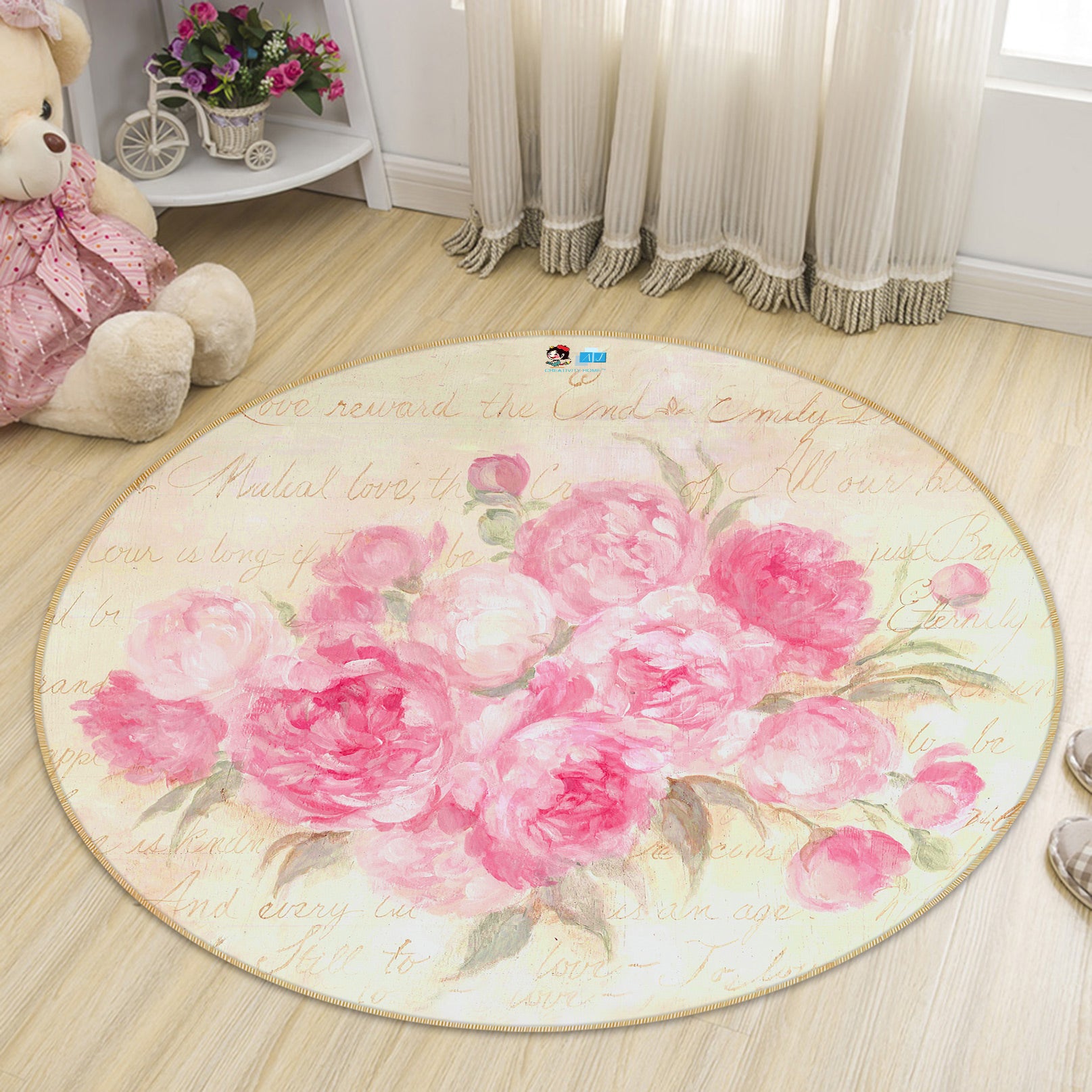 3D Pink Rose 1188 Debi Coules Rug Round Non Slip Rug Mat