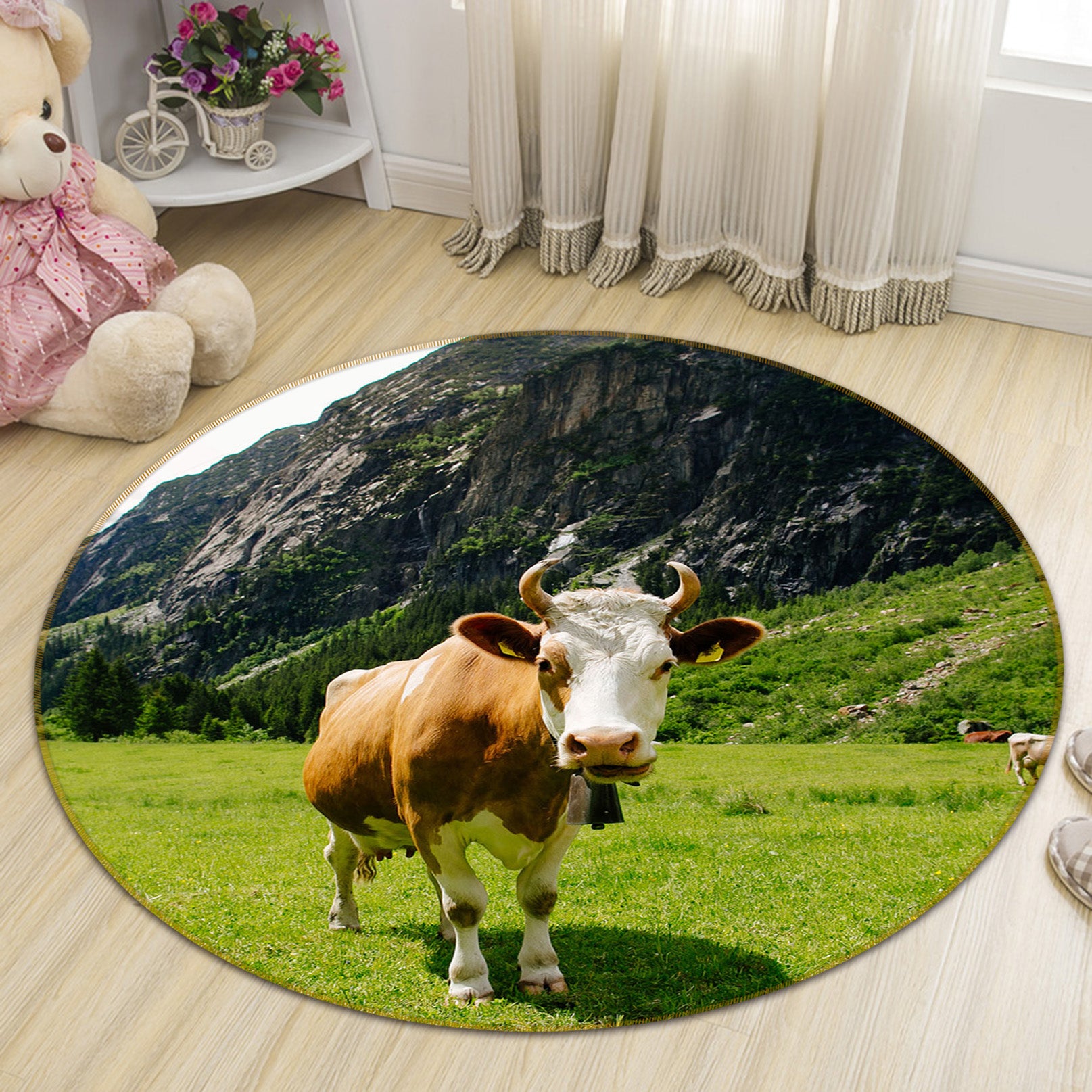 3D Grassland Cows 82181 Animal Round Non Slip Rug Mat