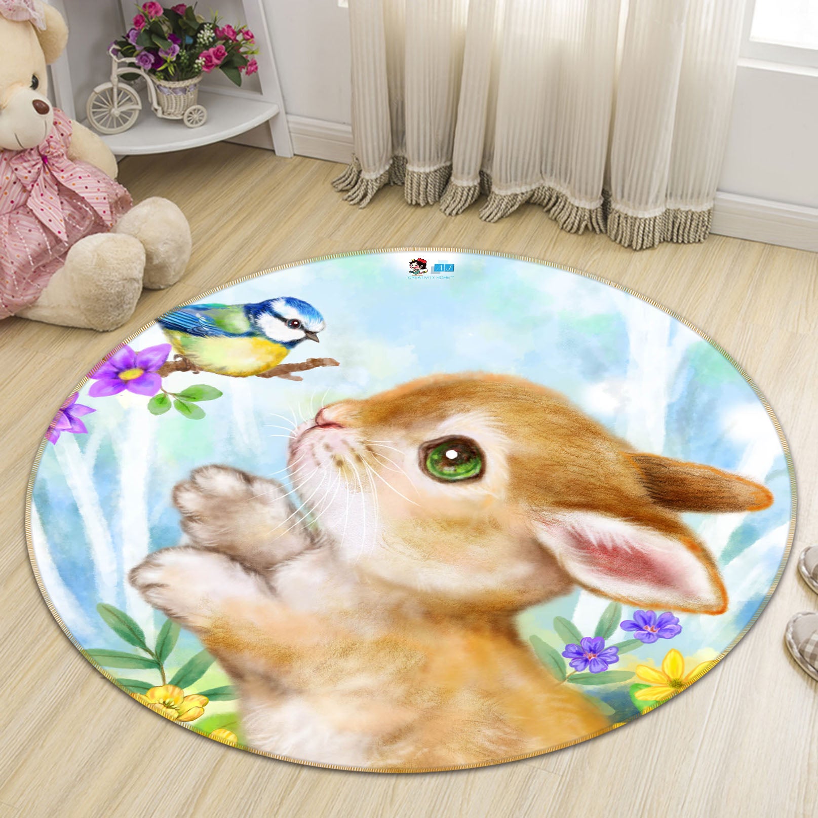 3D Rabbit Bird 6015 Kayomi Harai Rug Round Non Slip Rug Mat