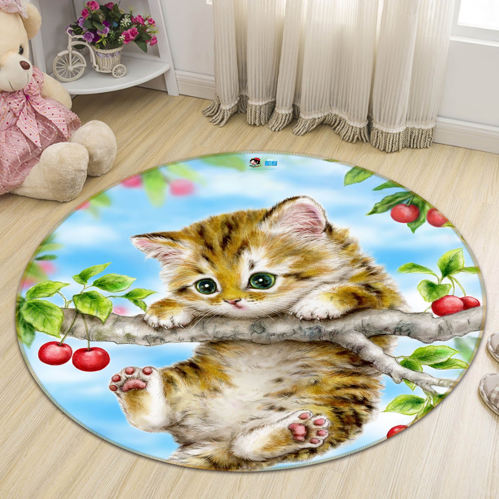 3D Cherry Cat Butterfly 6018 Kayomi Harai Rug Round Non Slip Rug Mat