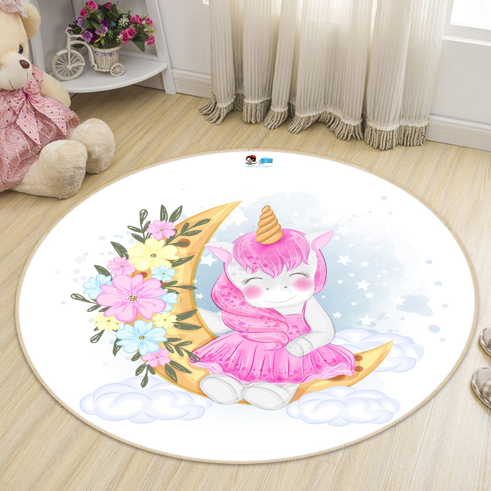 3D Moon Unicorn 74274 Round Non Slip Rug Mat