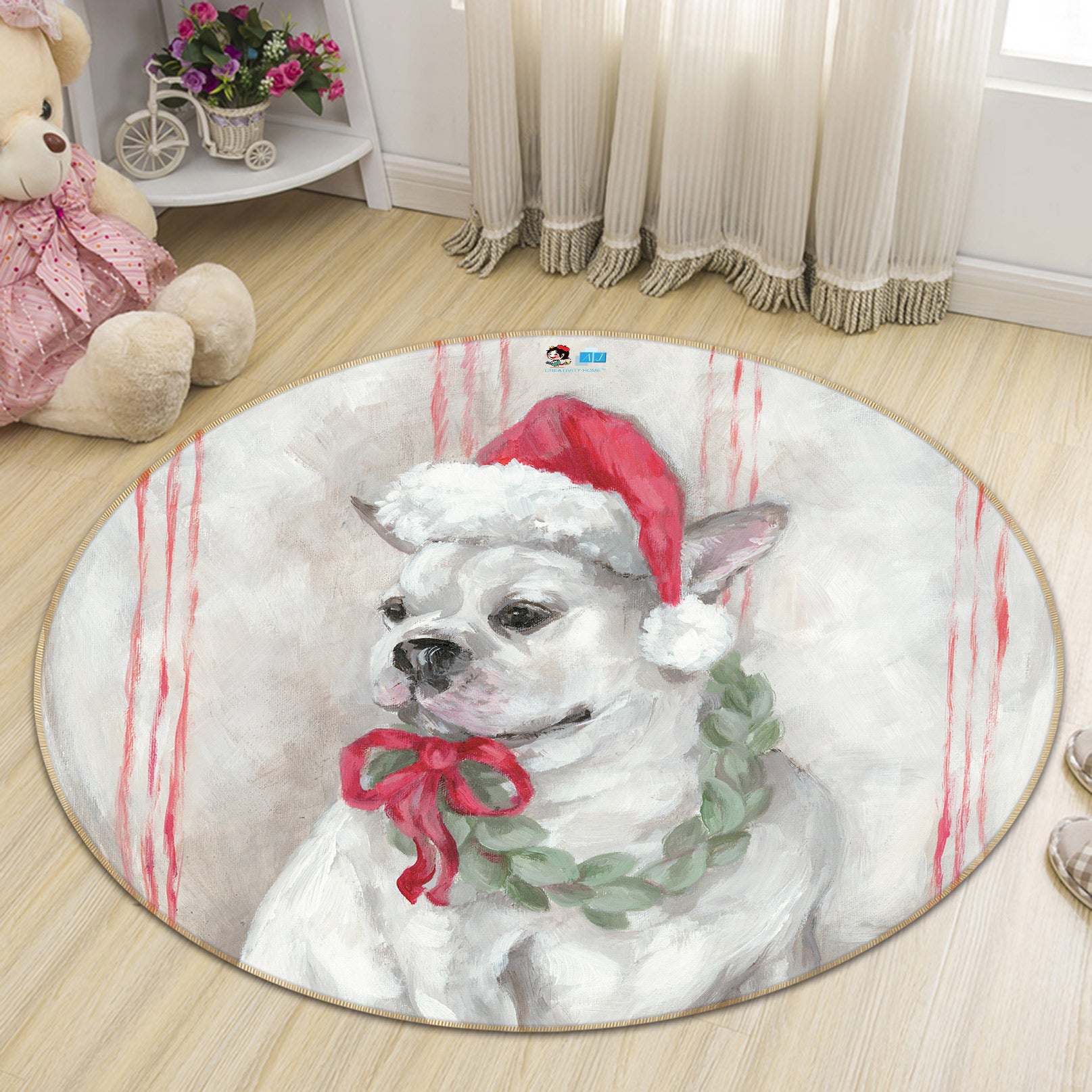 3D Santa Hat Dog 1160 Debi Coules Rug Round Non Slip Rug Mat