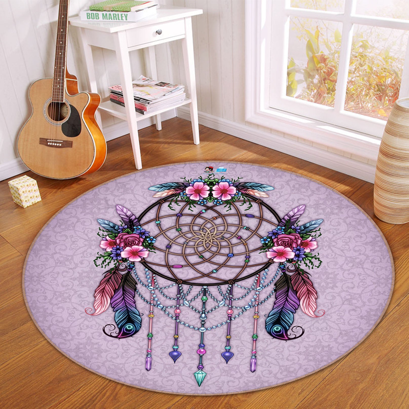 3D Feather Wind Chime 8879 Brigid Ashwood Rug Round Non Slip Rug Mat