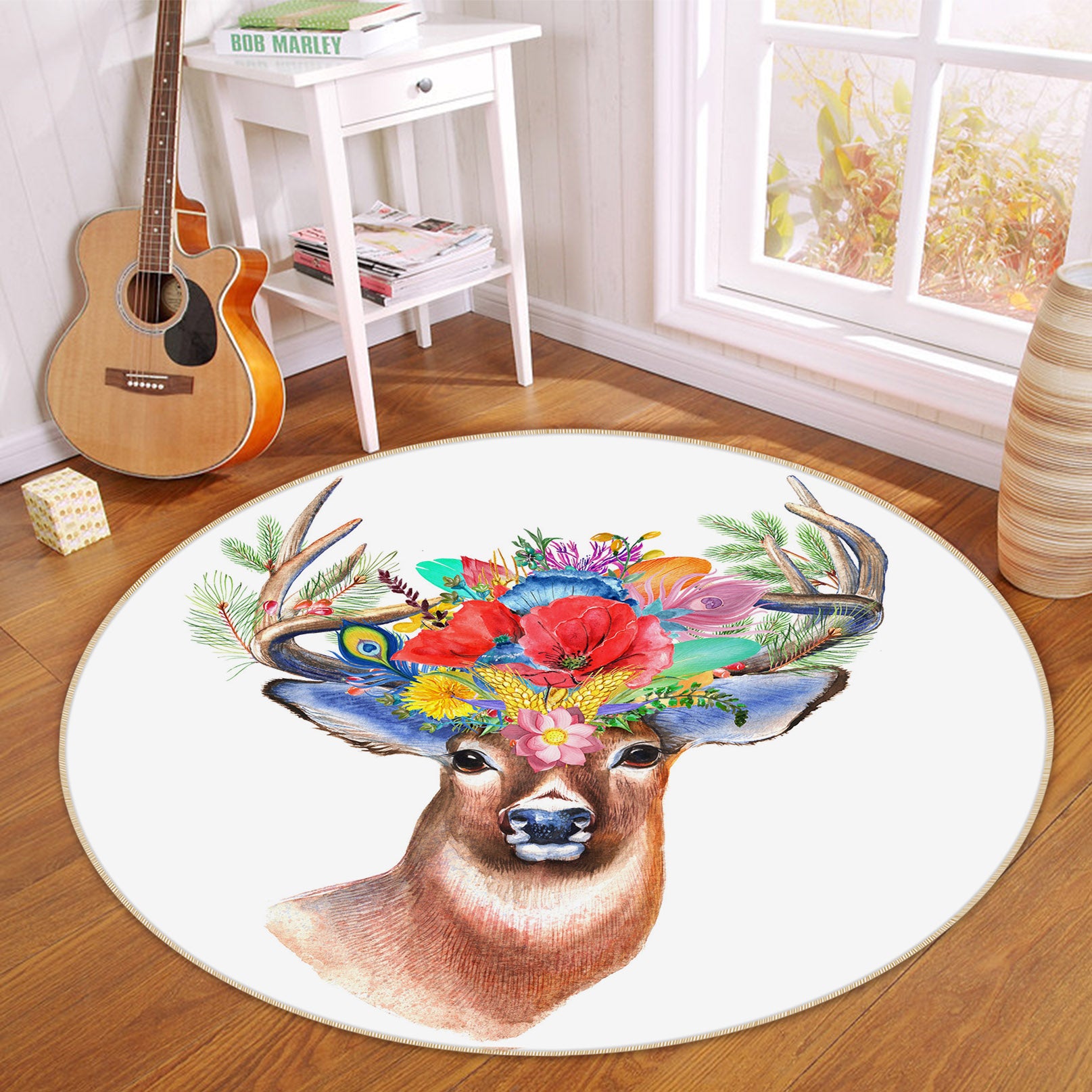 3D Deer Flowers 82049 Animal Round Non Slip Rug Mat